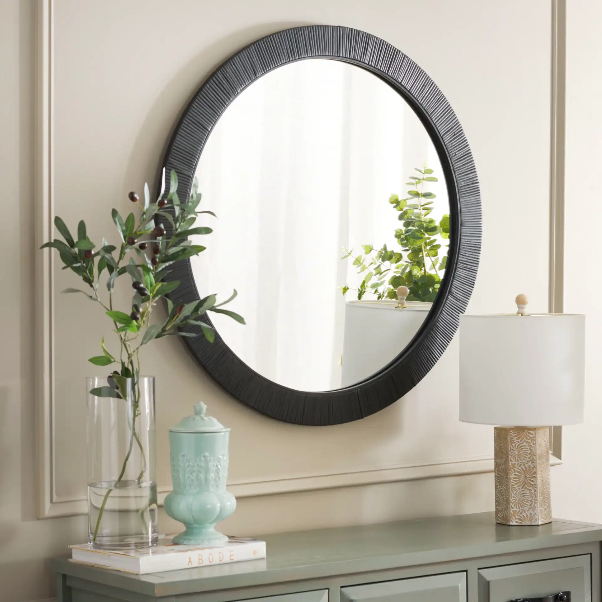 Nellie 31.5-Inch Mirror in Black in a styled room
