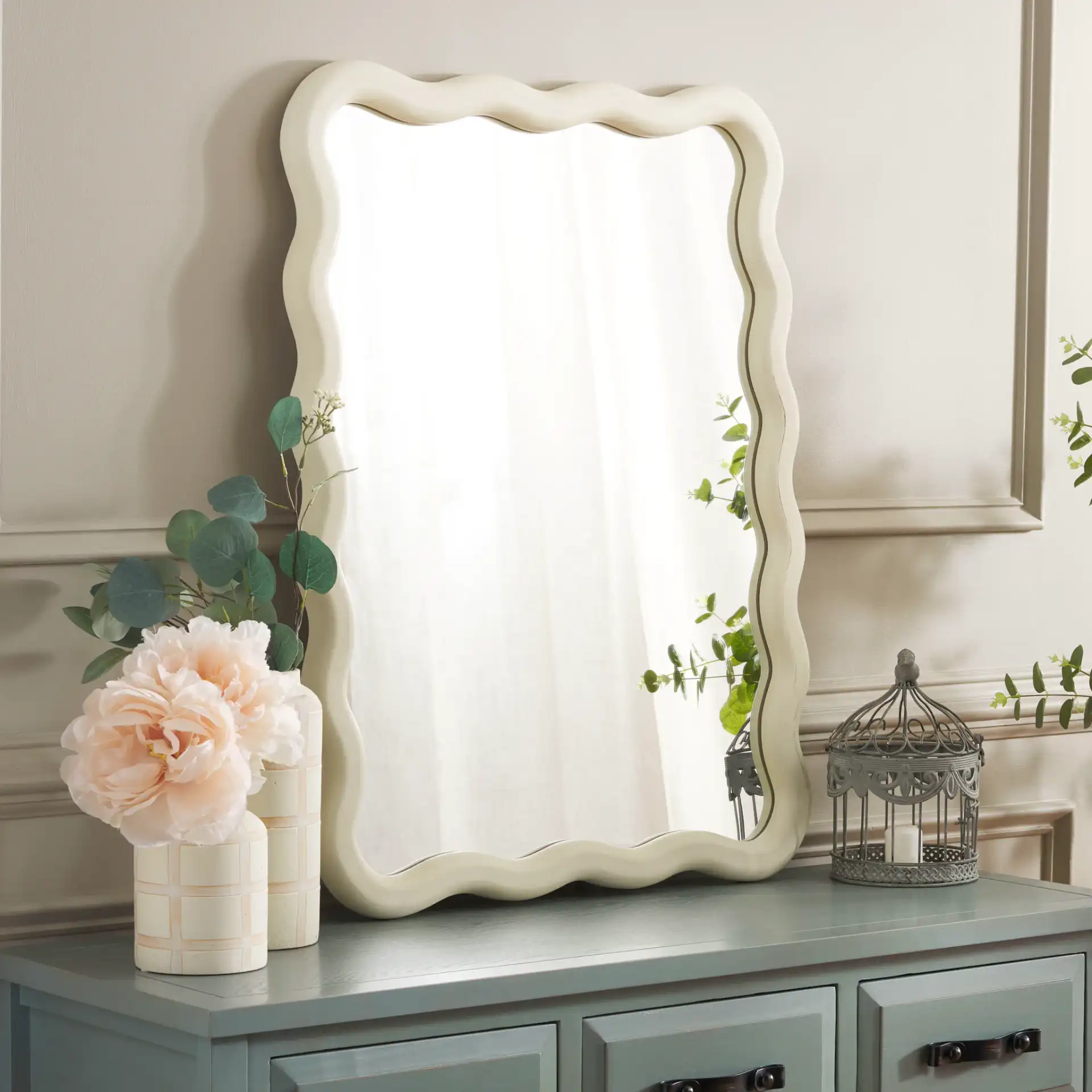 Izara 23.6" Mirror in White in a styled room