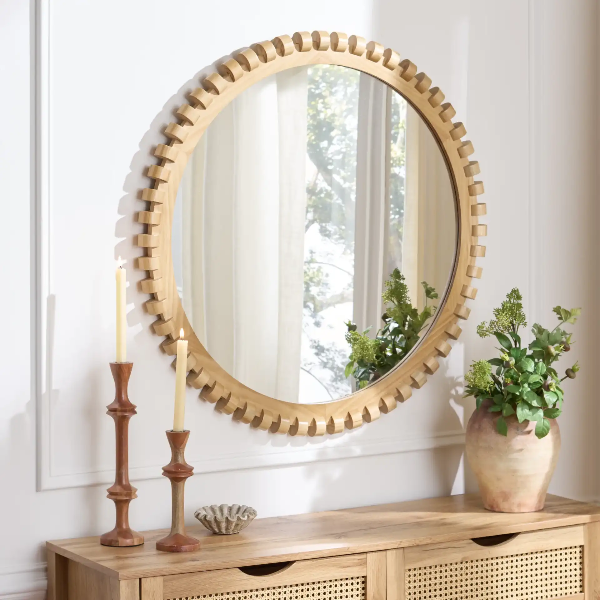 Kelly Wall Mirror in Natural in a styled room