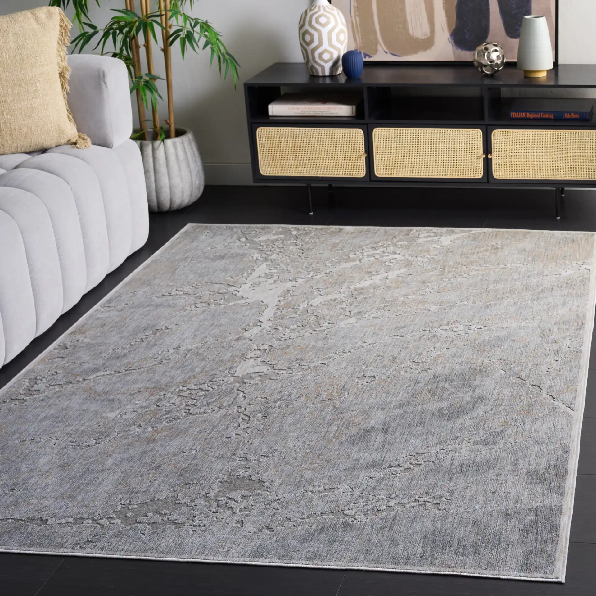 Marvel Marble Rug in Gray / Ivory in a styled room