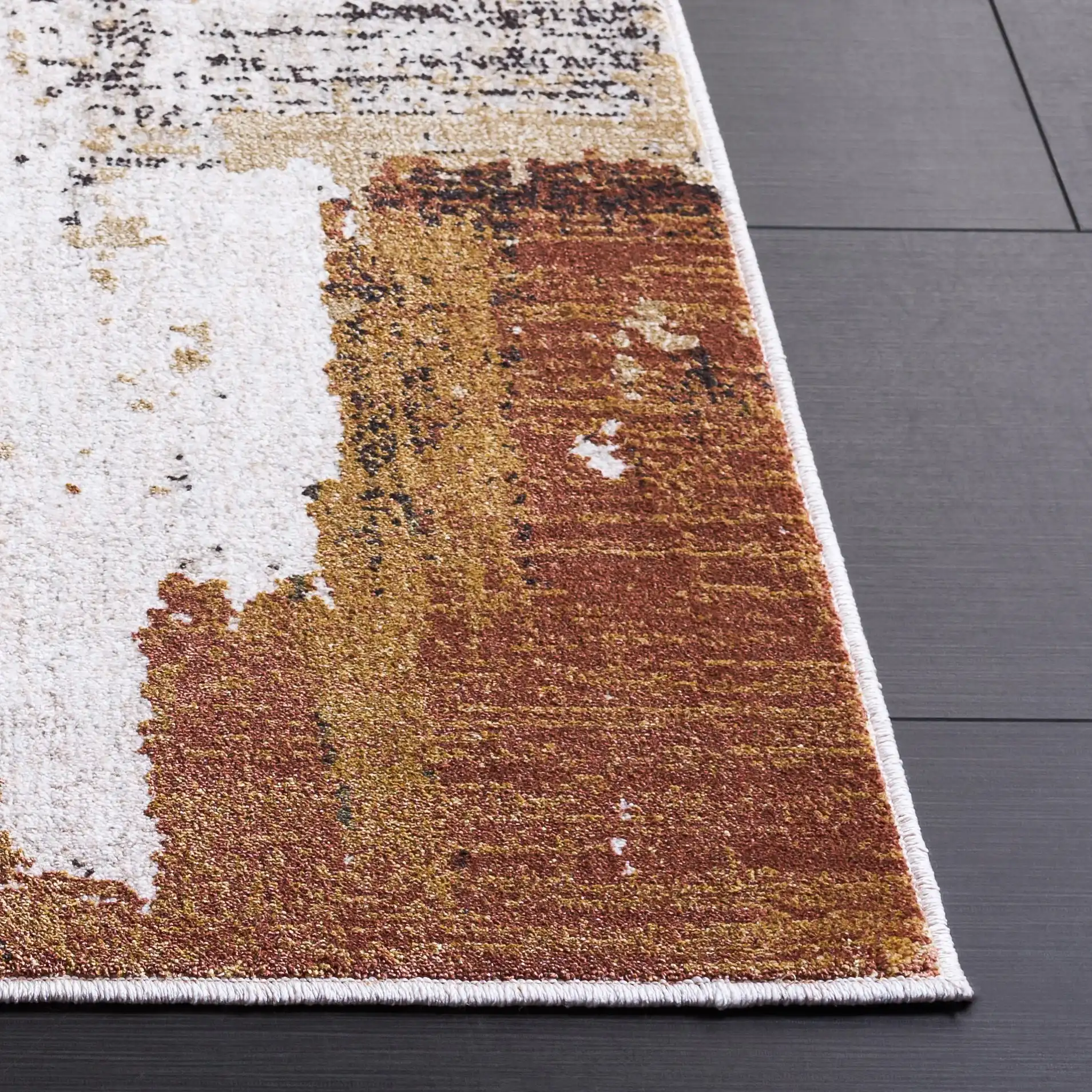 Marvel Abstract Brushstroke Rug in Dark Beige / Dark Gray in a styled room