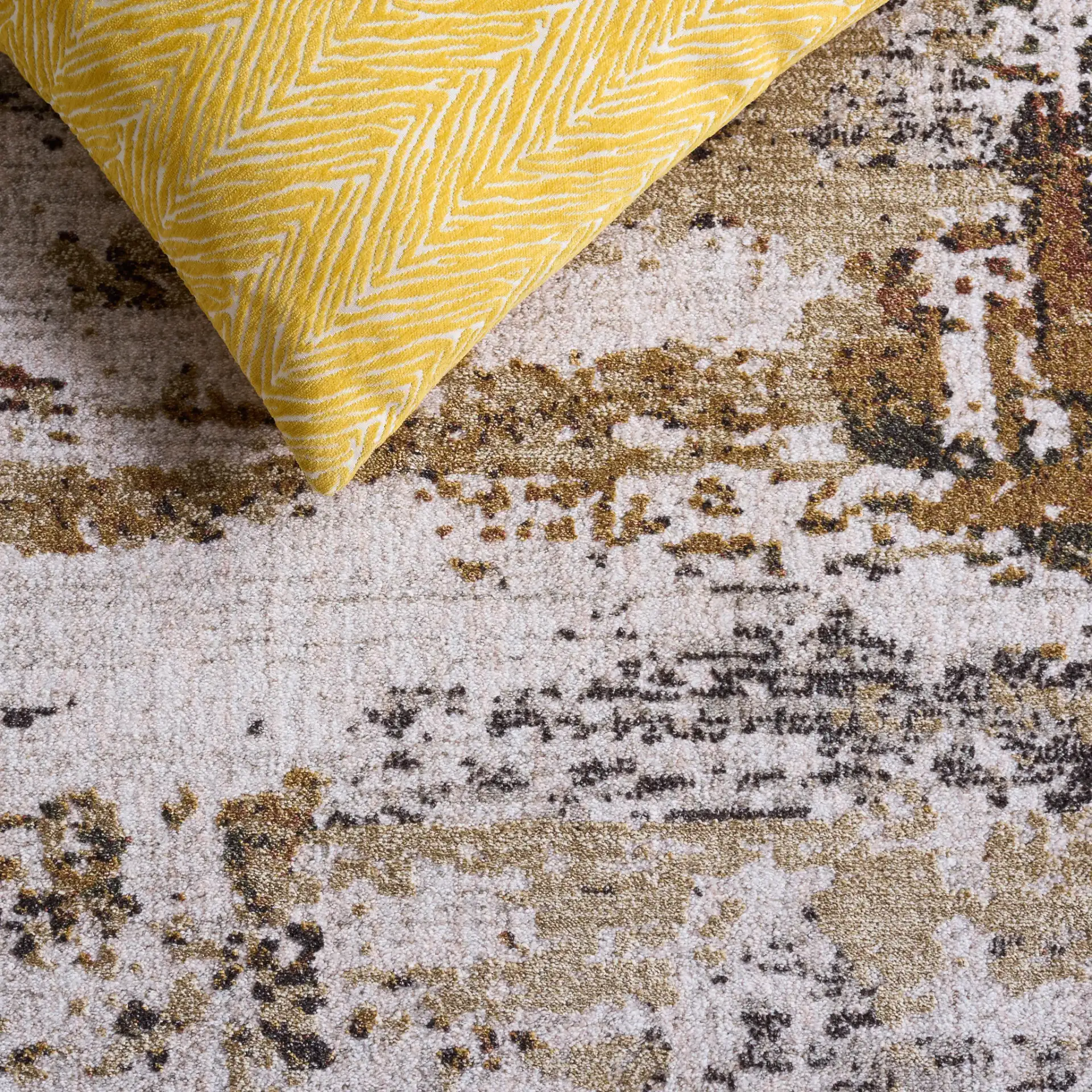 Marvel Abstract Brushstroke Rug in Dark Beige / Dark Gray in a styled room