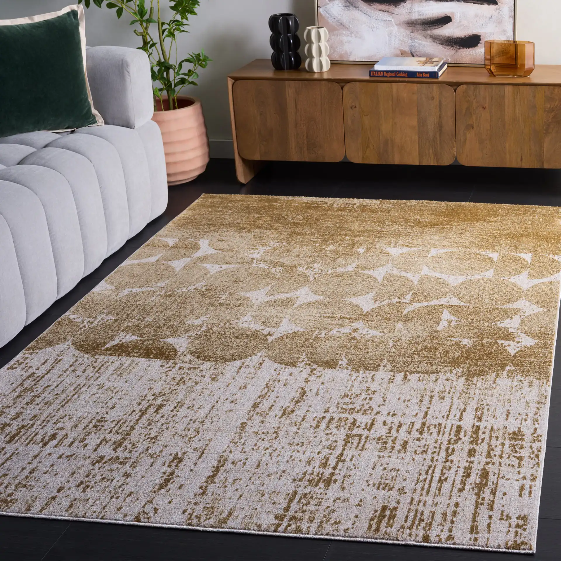 Marvel Banded Circle Rug in Beige / Gray in a styled room