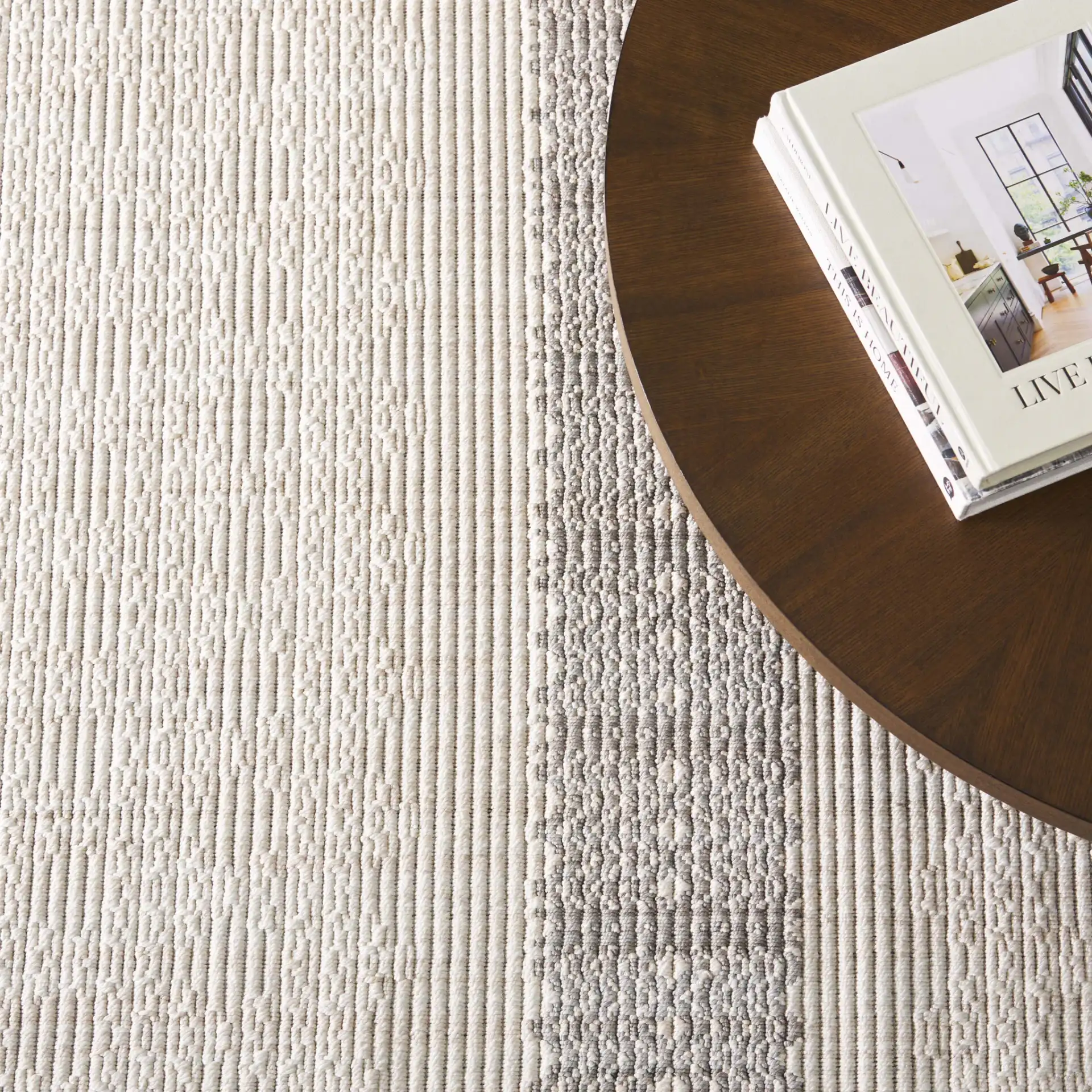 Martha Stewart Serenity Banded Geometric Rug in Ivory / Gray in a styled room