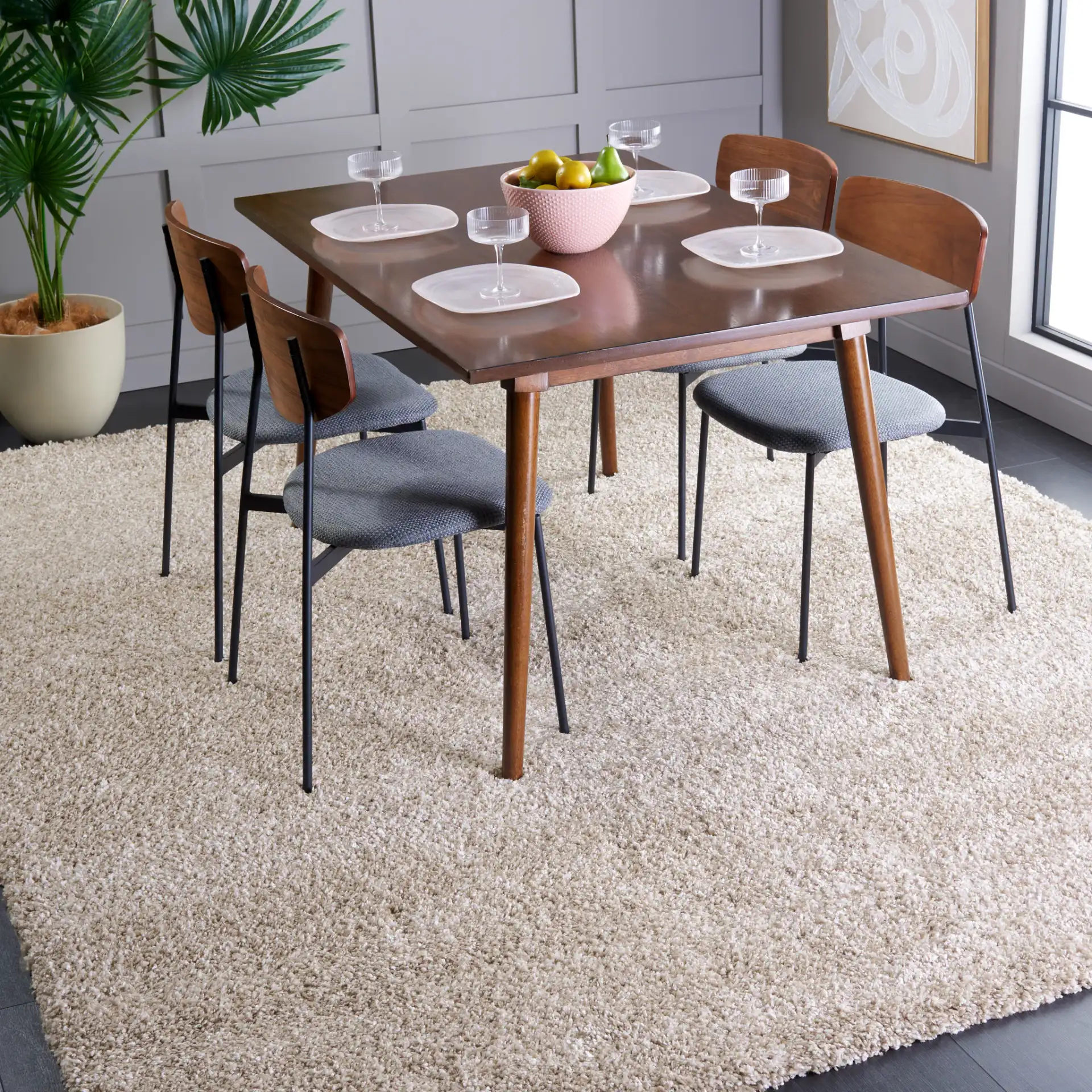 Martha Stewart Solid Shag Rug in Beige in a styled room