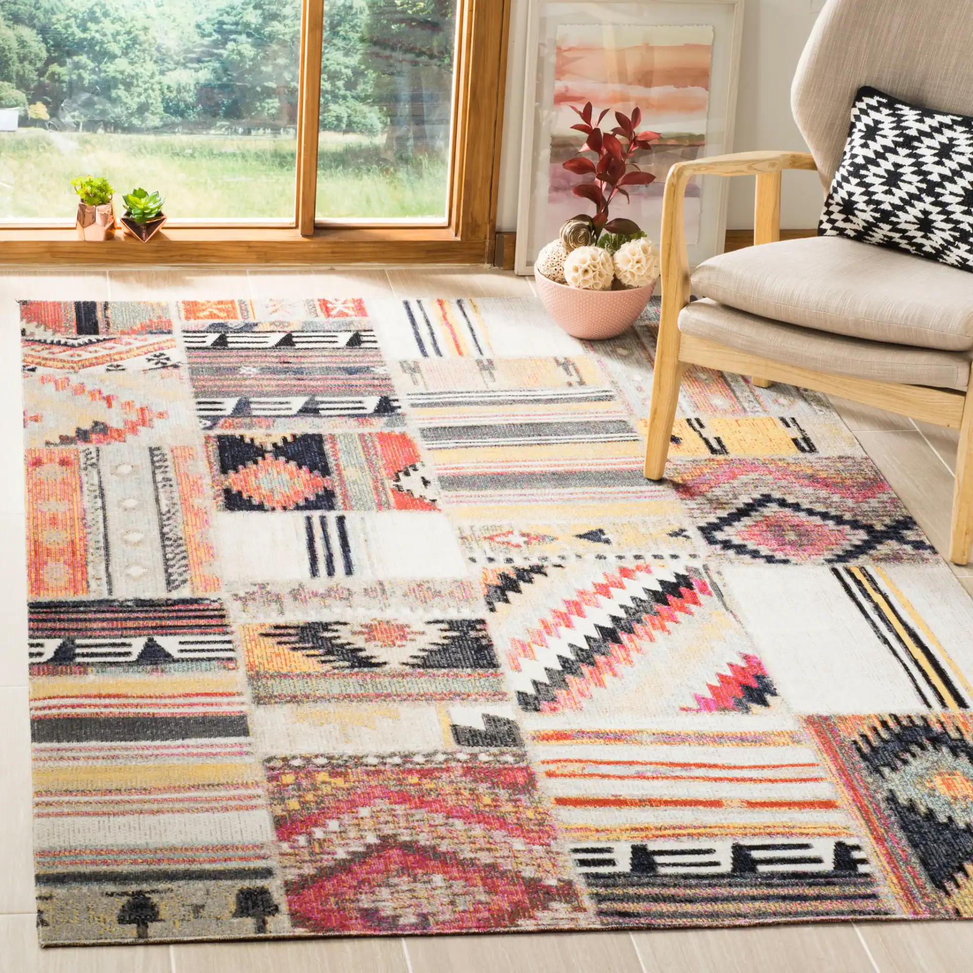 Montage Patchwork Panel Outdoor Rug in Taupe / Multicolor in a styled room