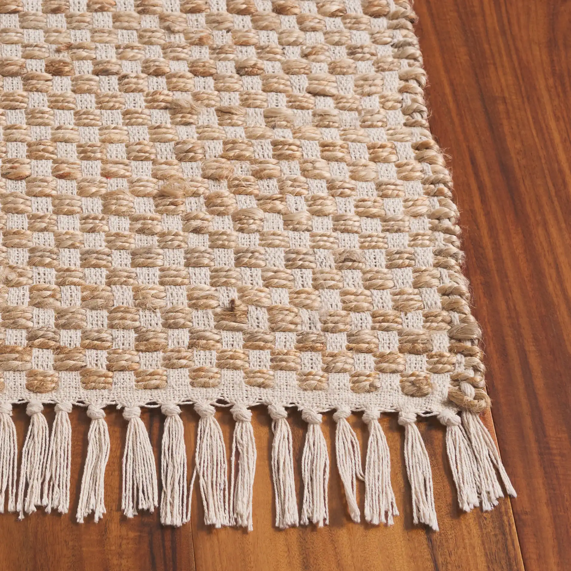 Montauk Checkered Hand-Loomed Rug in Natural / Yellow in a styled room