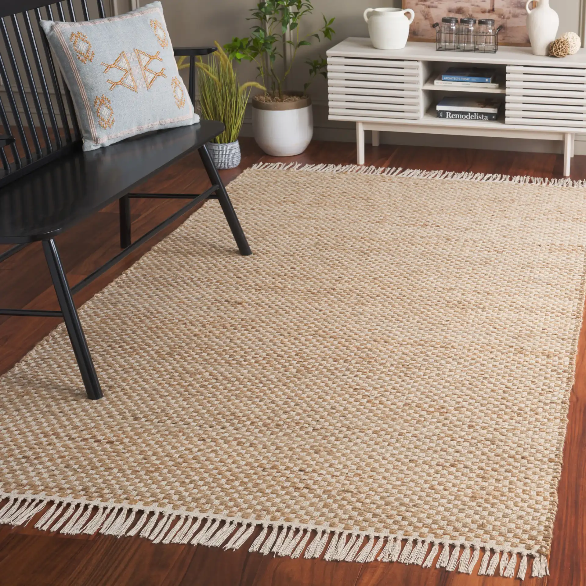 Montauk Checkered Hand-Loomed Rug in Natural / Yellow in a styled room