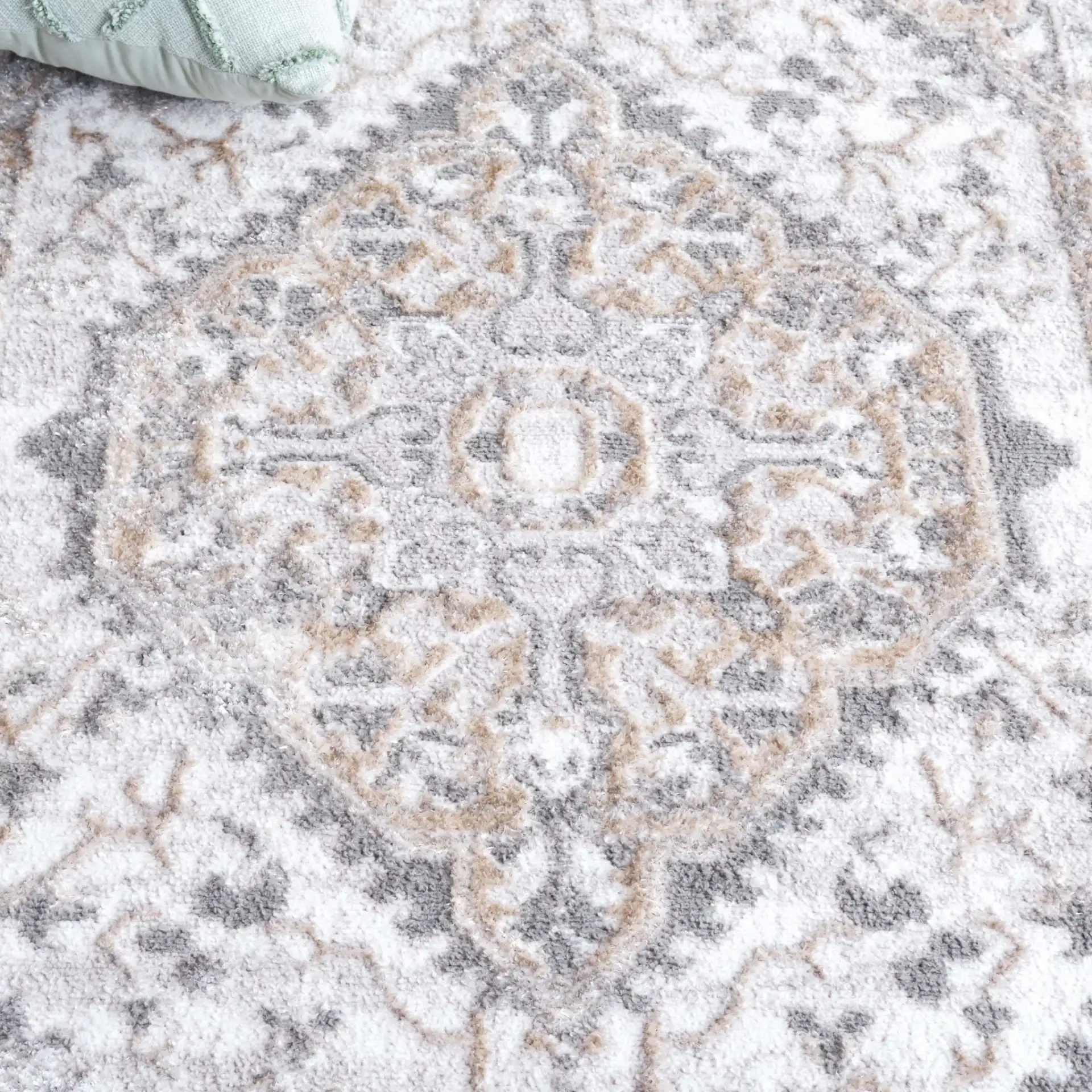 Maya Distressed Medallion Rug in Ivory / Gray Beige in a styled room