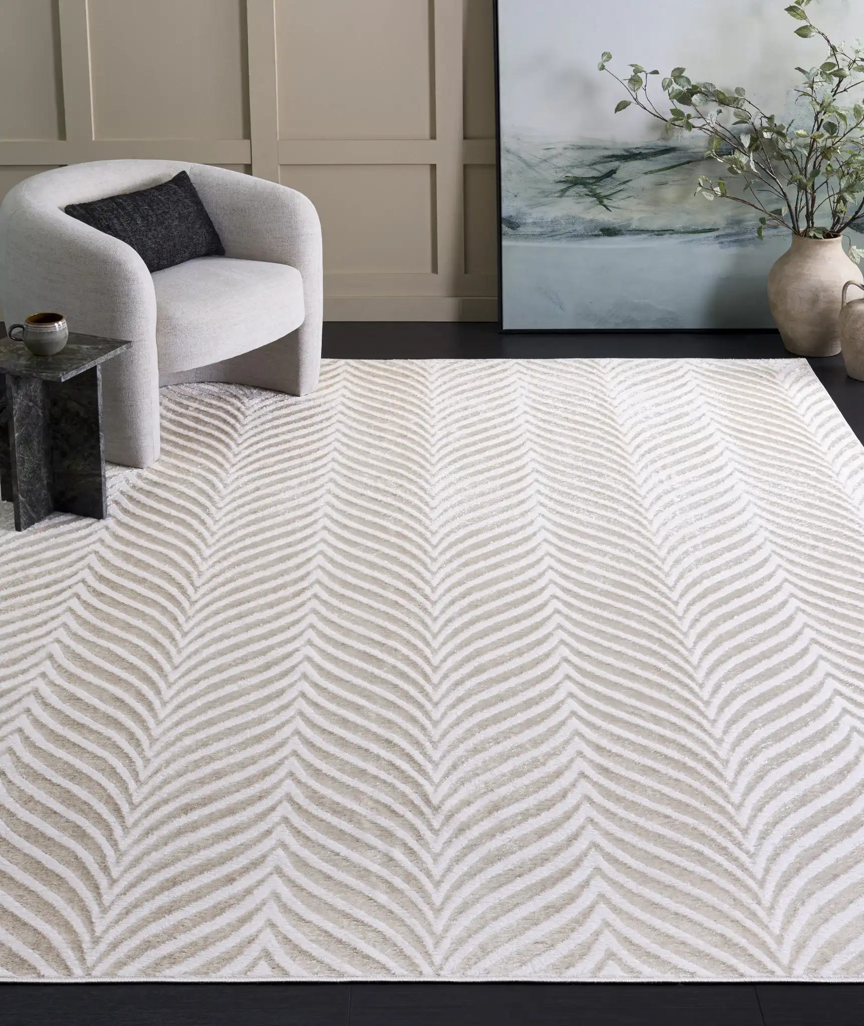 Maya Chevron Rug in Ivory / Beige in a styled room