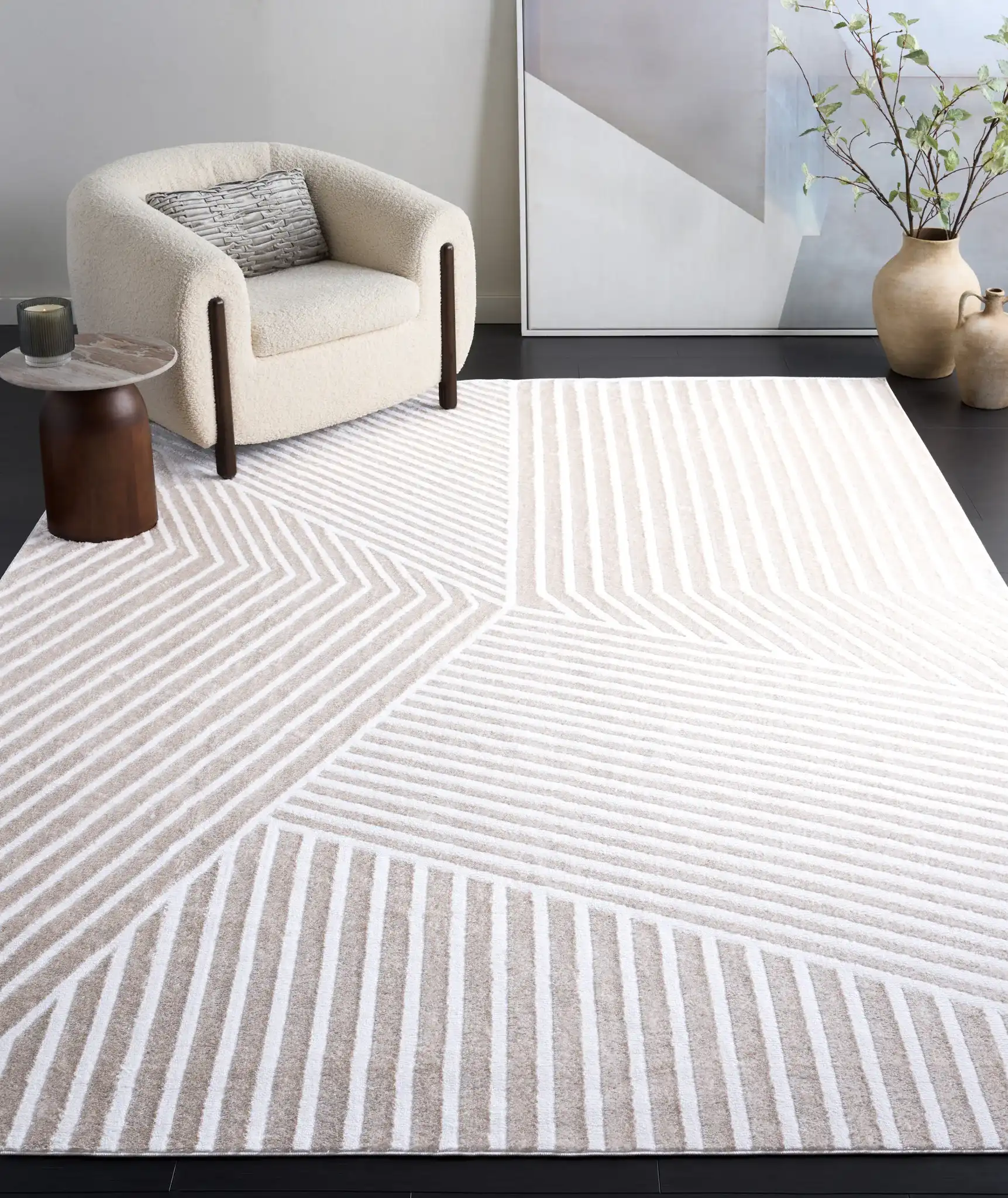 Maya Angled Stripe Rug in Ivory in a styled room