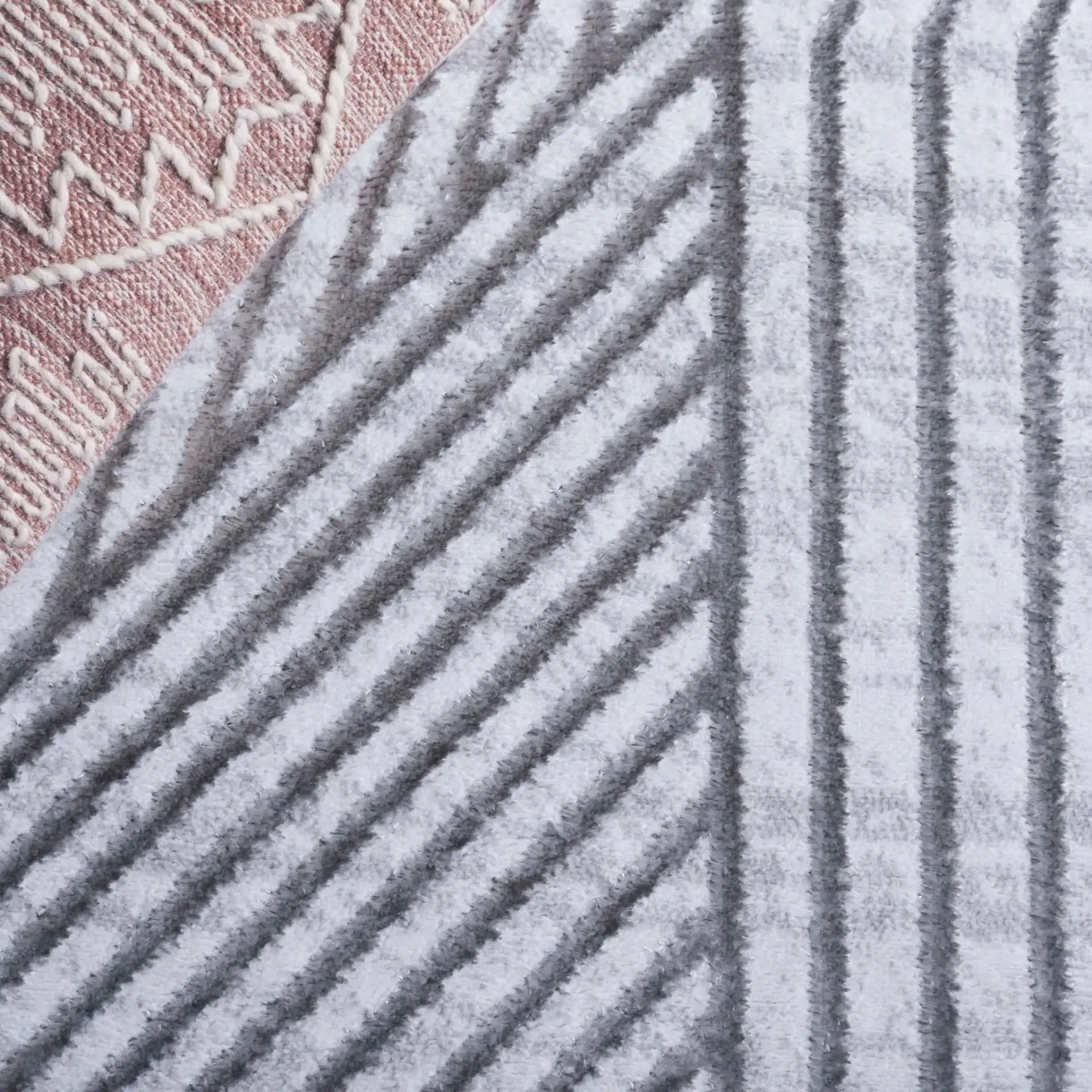 Maya Angled Stripe Rug in Ivory / Gray in a styled room