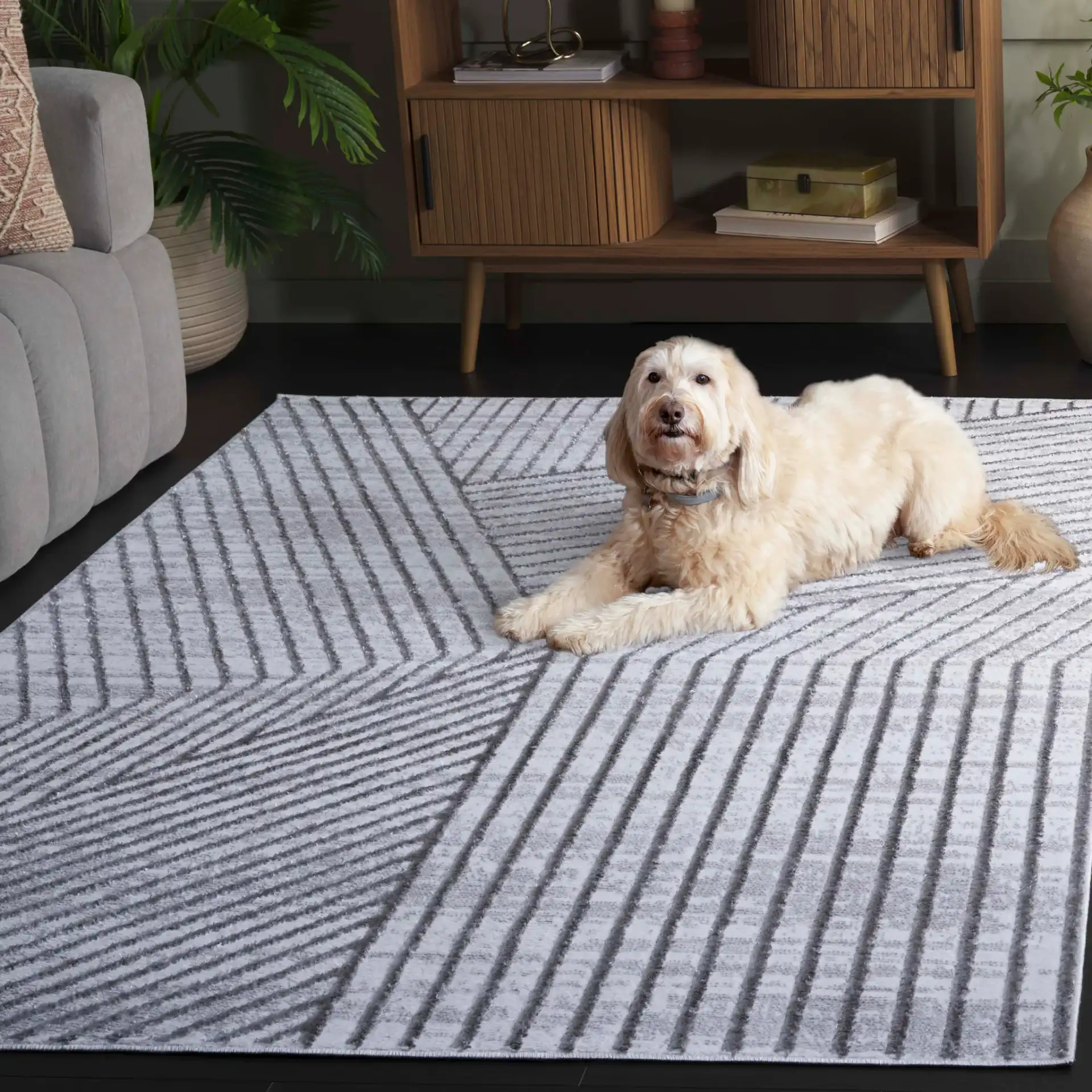 Maya Angled Stripe Rug in Ivory / Gray in a styled room