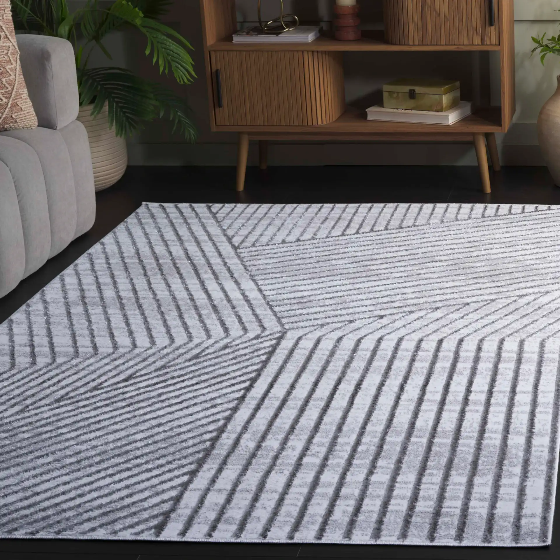 Maya Angled Stripe Rug in Ivory / Gray in a styled room