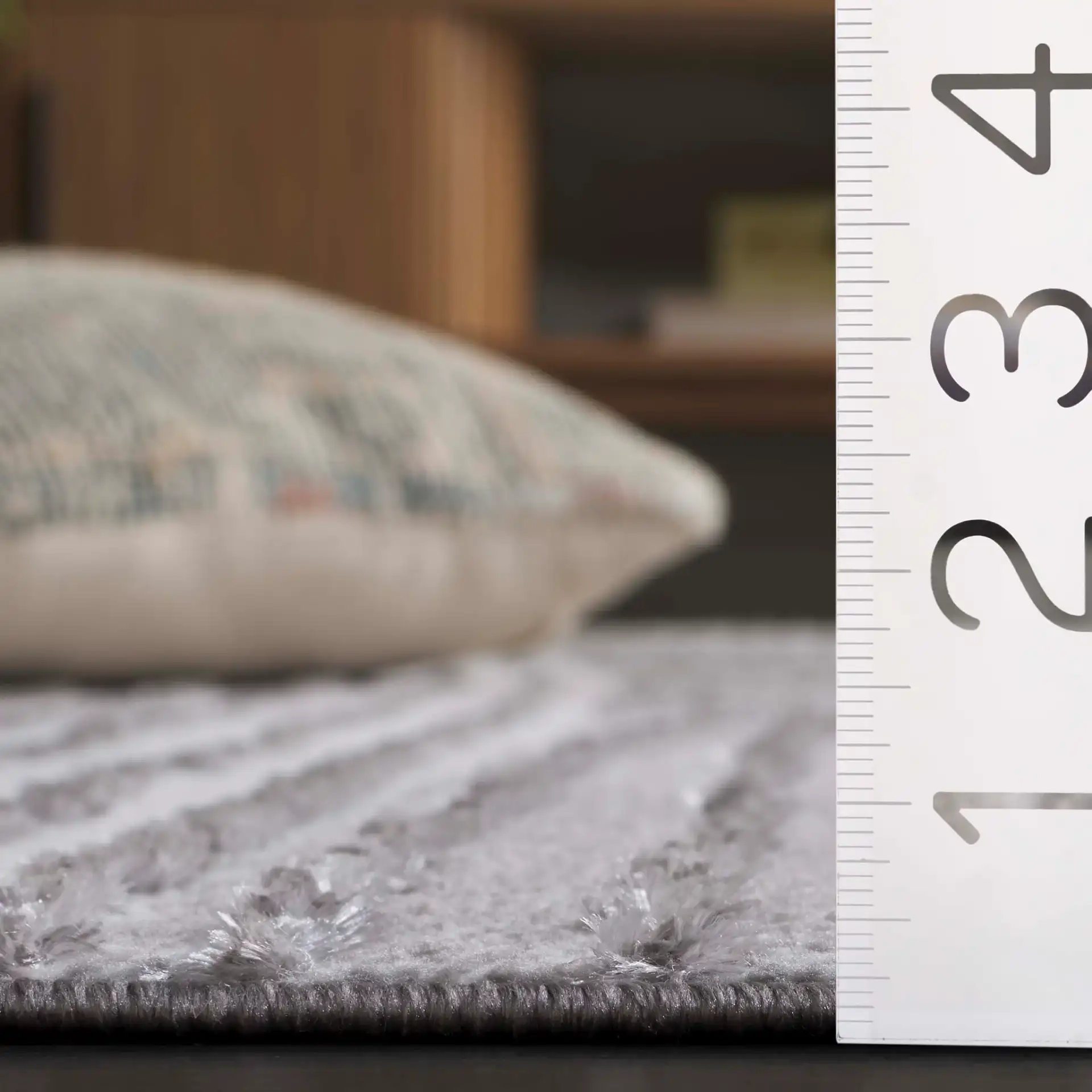 Maya Curved Stripe Rug in Ivory / Gray in a styled room