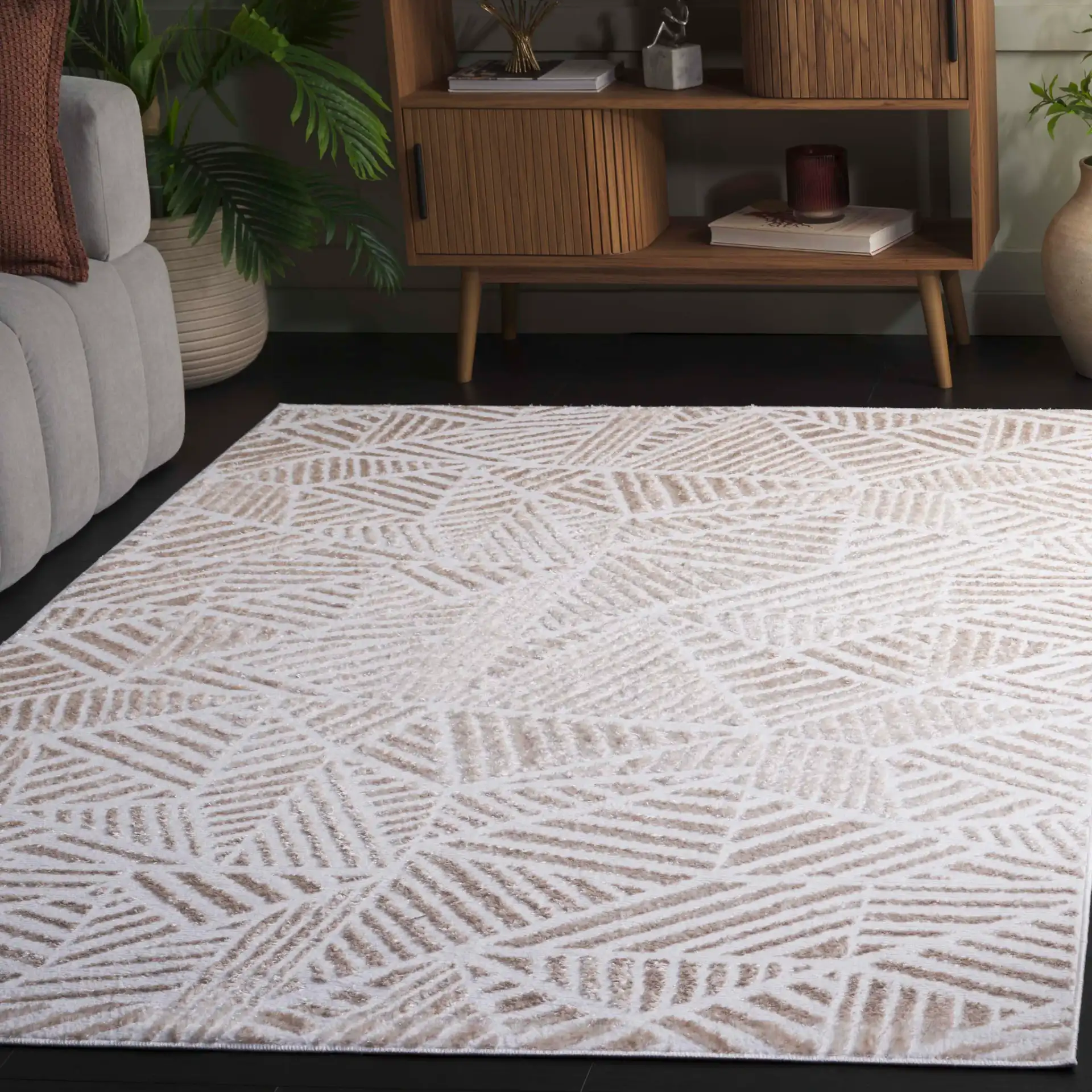 Maya Linear Geometric Rug in Ivory / Beige in a styled room