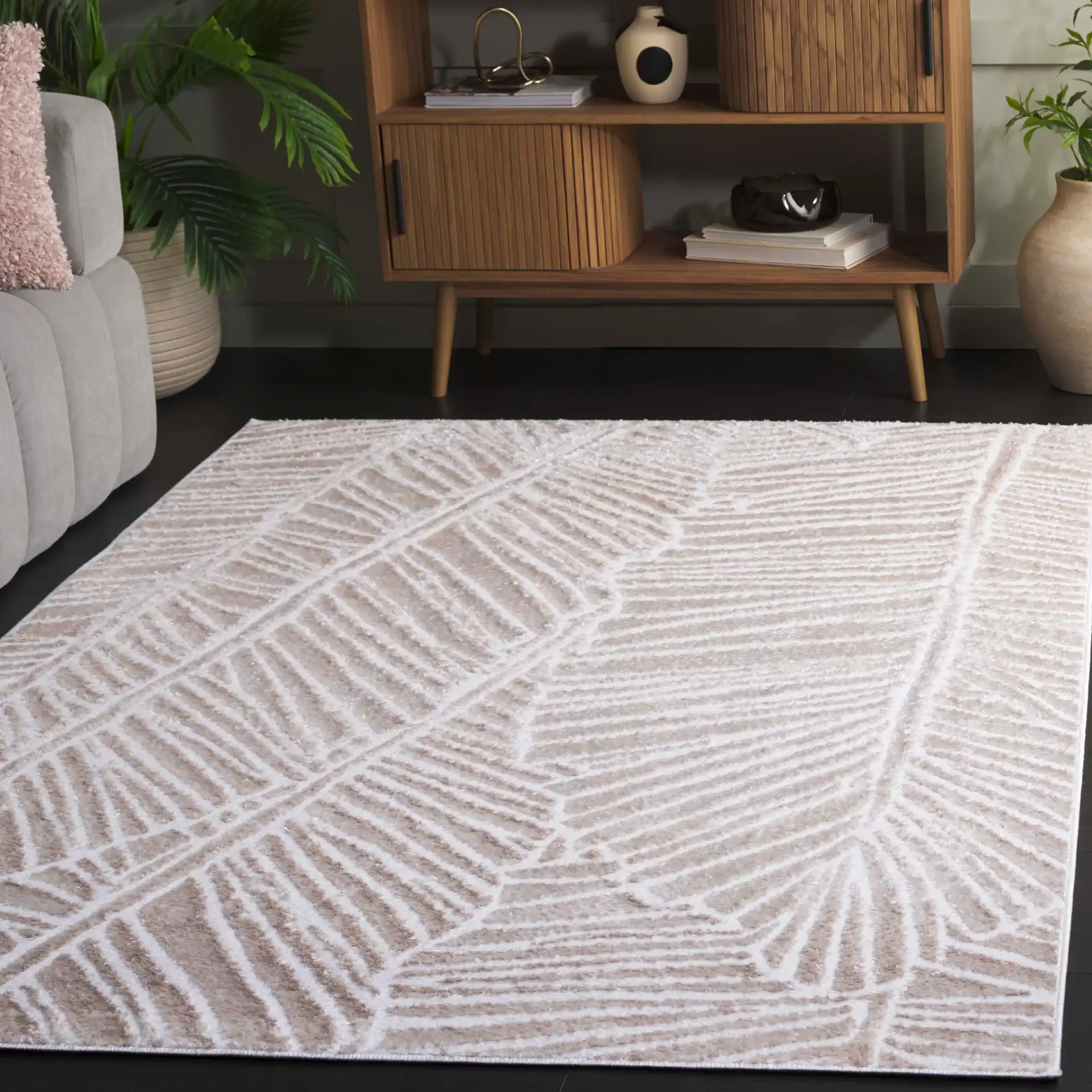 Maya Palm Leaf Rug in Ivory in a styled room
