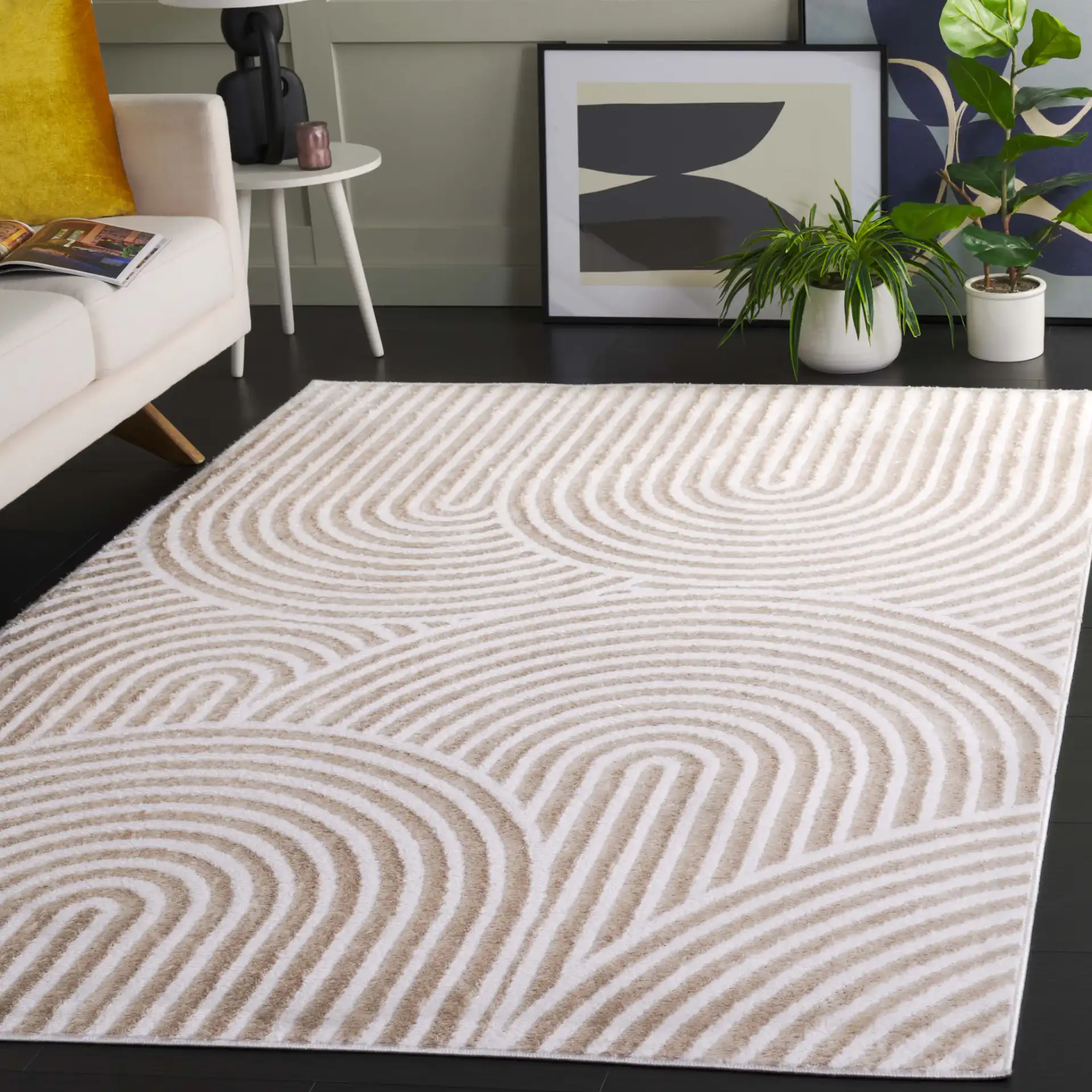 Maya Overlapping Arch Rug in Taupe / Ivory in a styled room