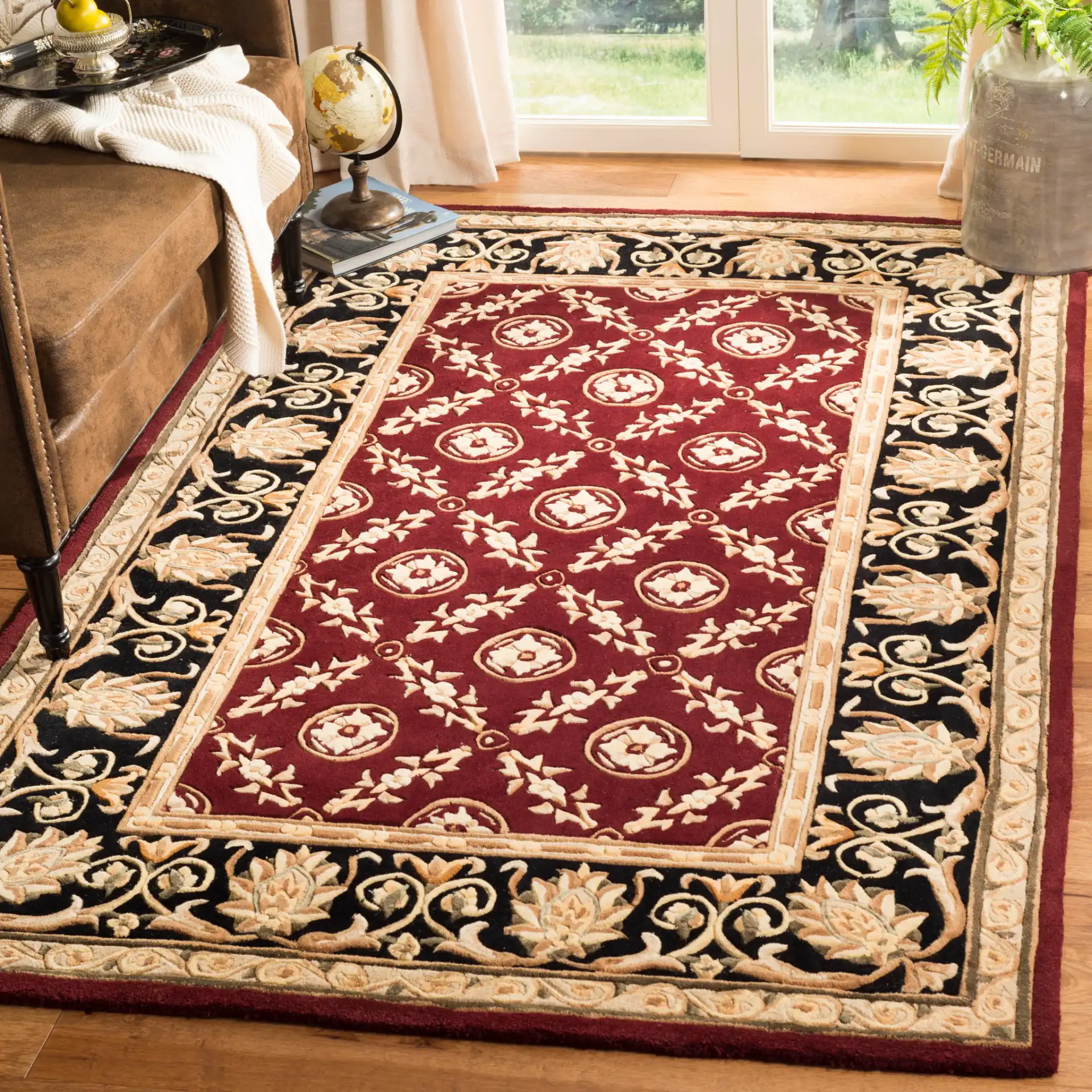 Naples Floral Grid Hand-Tufted Wool Rug in Burgundy / Black in a styled room