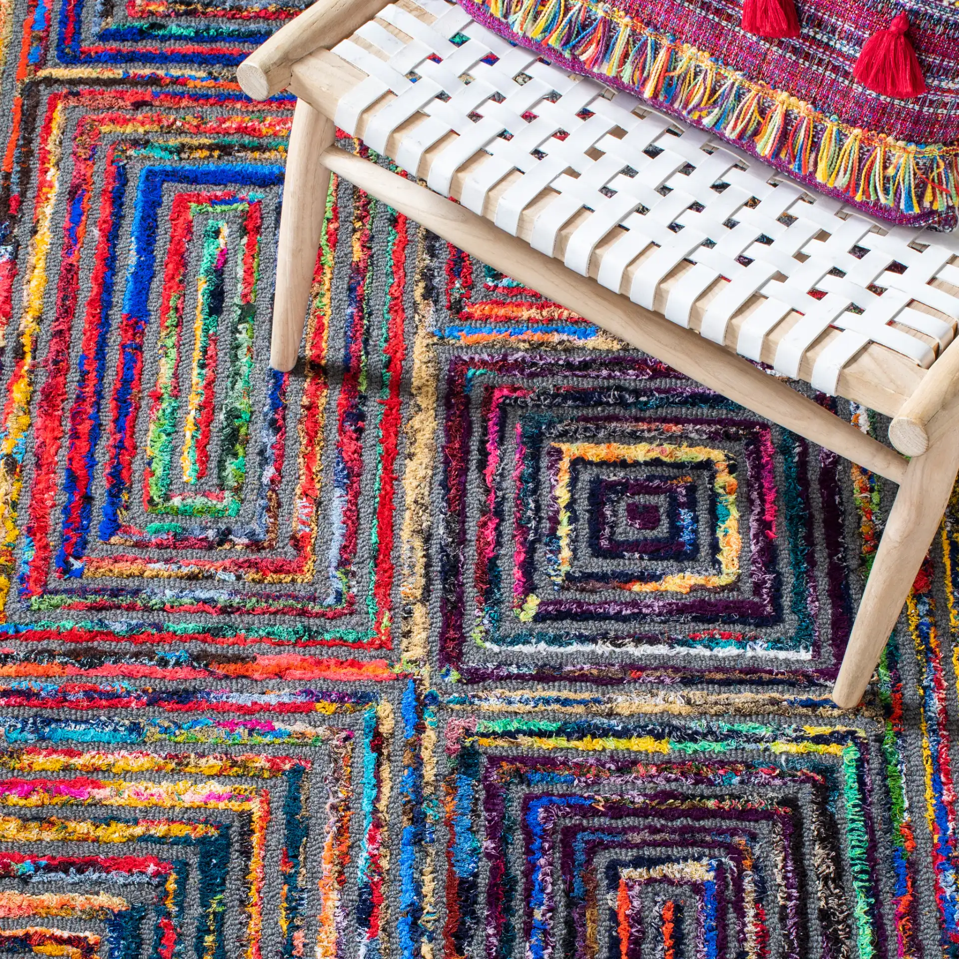 Nantucket Patchwork Blocks Hand-Tufted Rug in Charcoal in a styled room