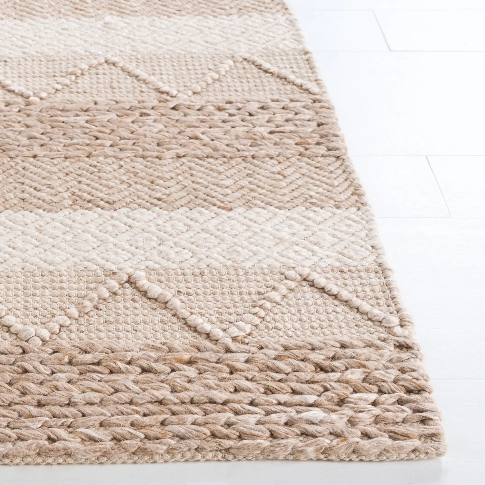 Natura Striped Chevron Hand-Woven Rug in Beige in a styled room
