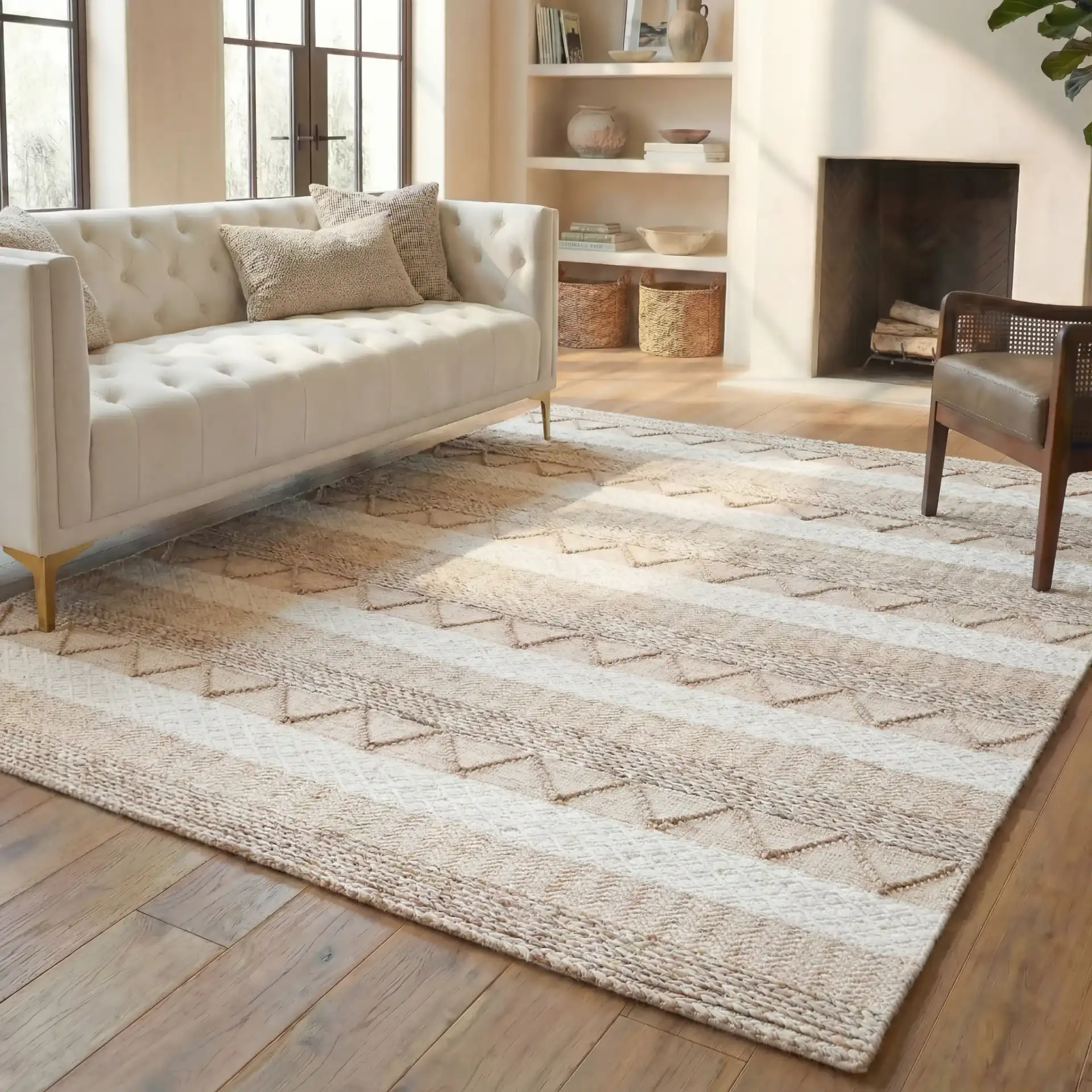 Natura Striped Chevron Hand-Woven Rug in Beige in a styled room