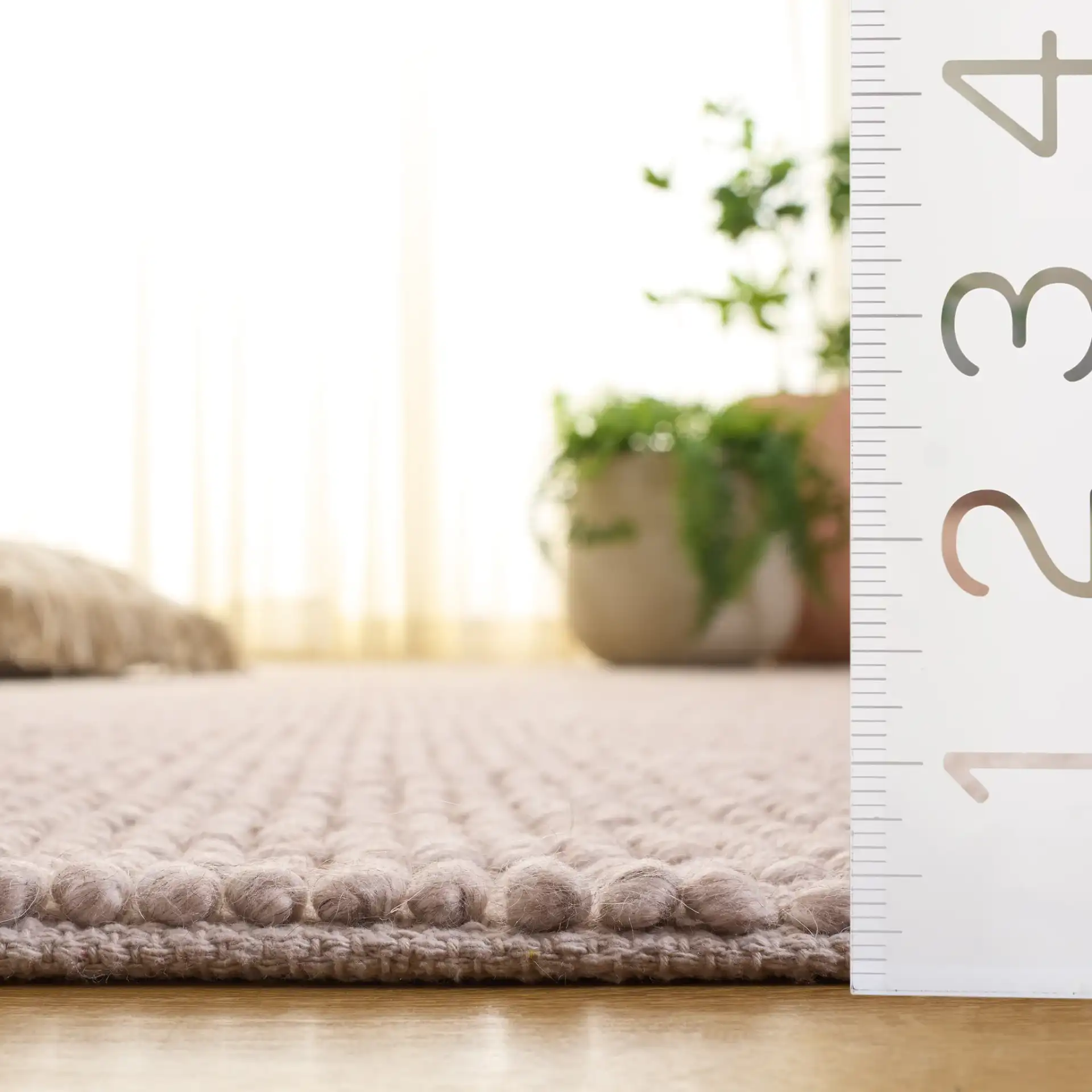 Natura Textured Bordered Hand-Woven Rug in Beige in a styled room