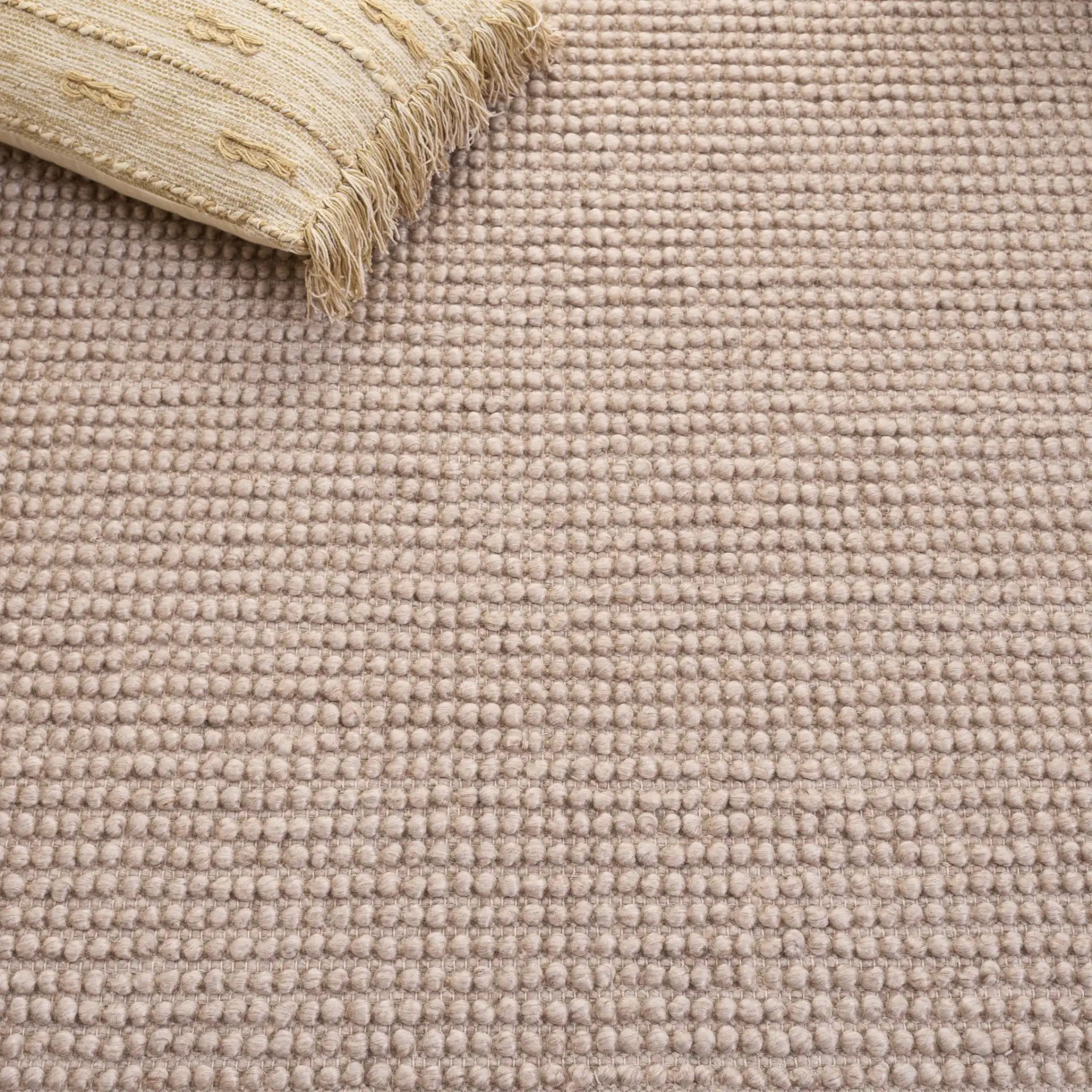 Natura Textured Bordered Hand-Woven Rug in Beige in a styled room
