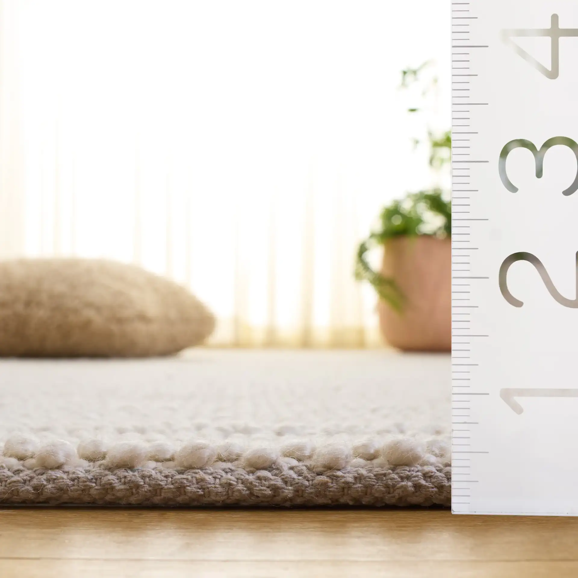 Natura Pebble Border Hand-Woven Rug in Ivory in a styled room