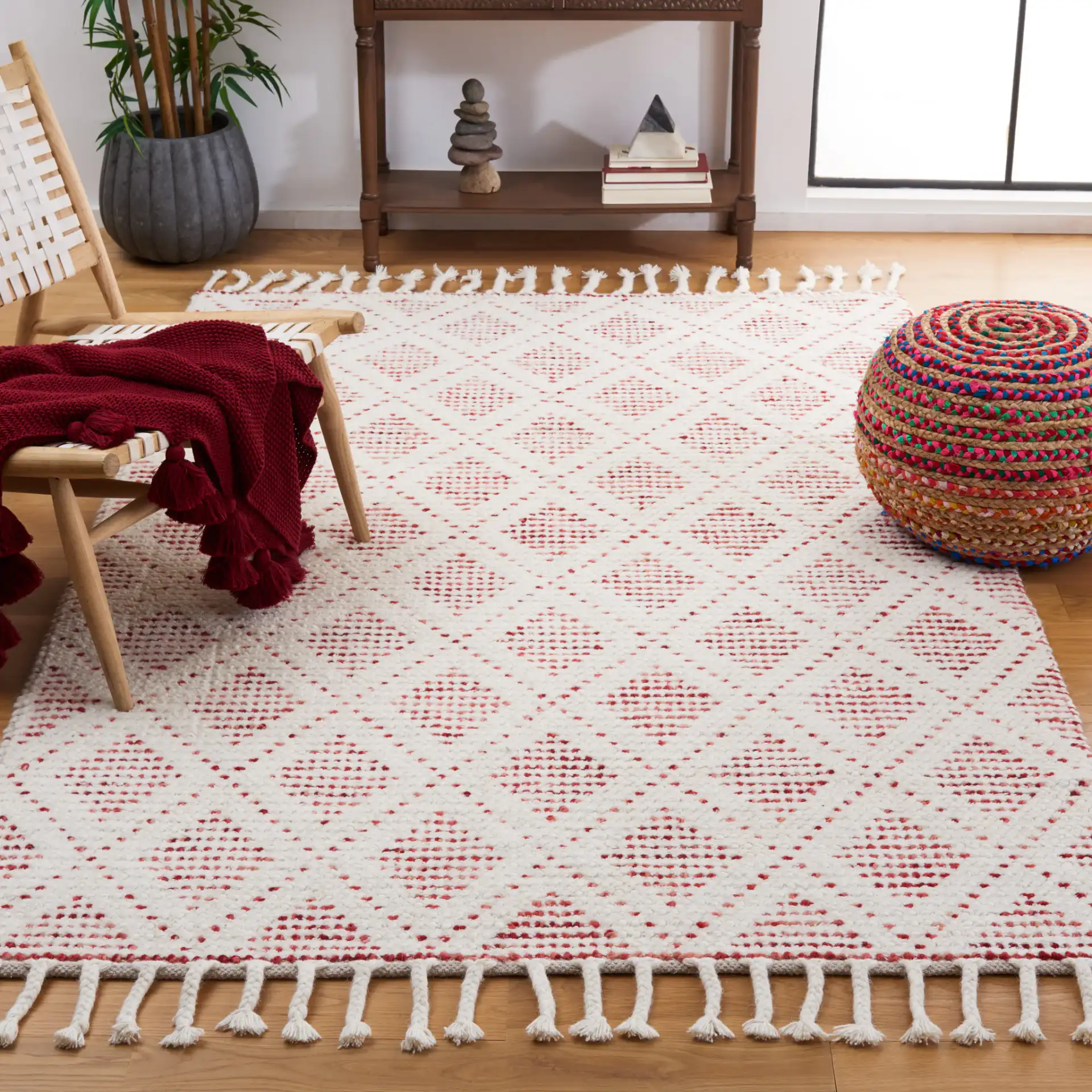 Natura Diamond Hand-Loomed Wool Rug in Ivory / Red in a styled room