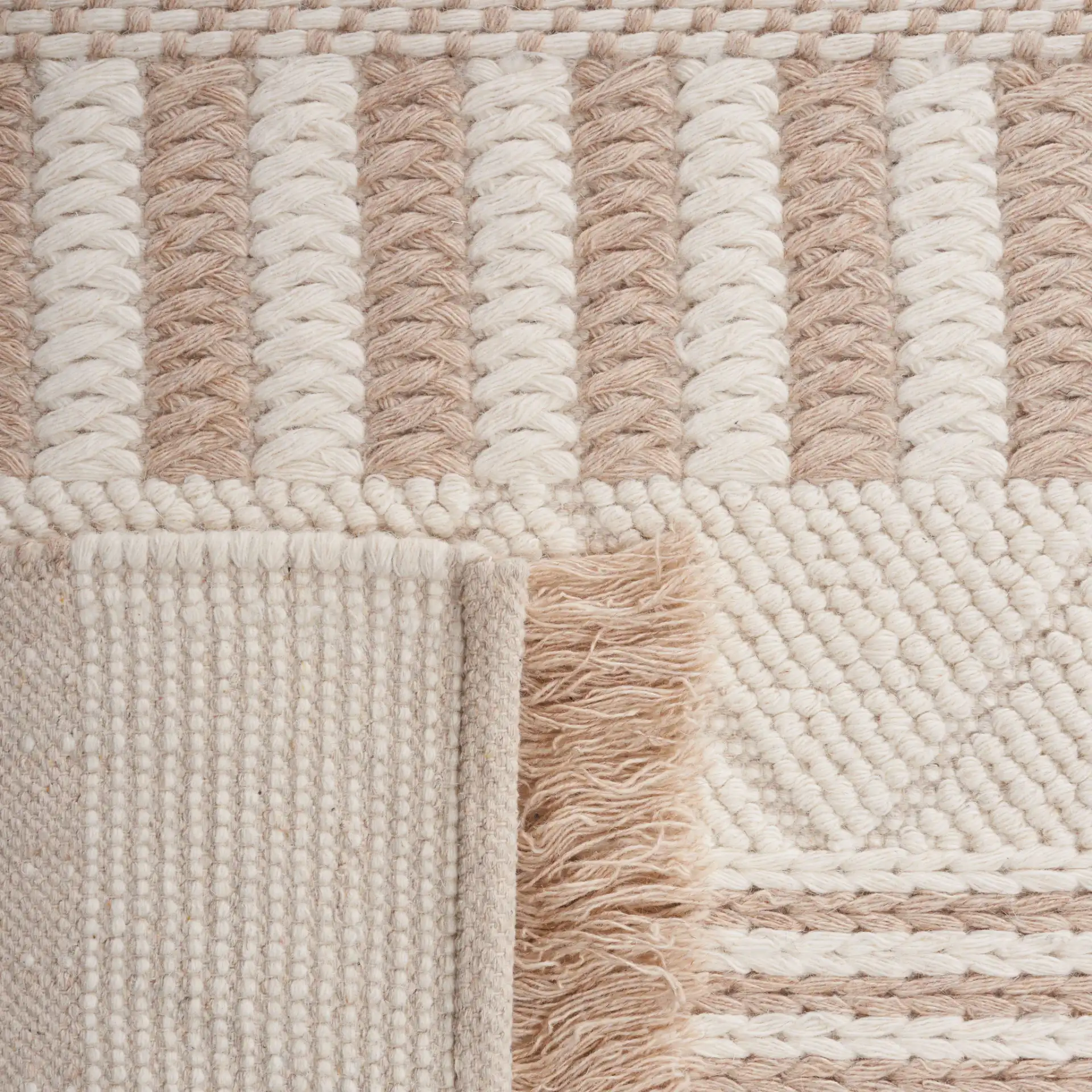 Natura Banded Stripe Hand-Woven Wool Rug in Ivory / Taupe in a styled room