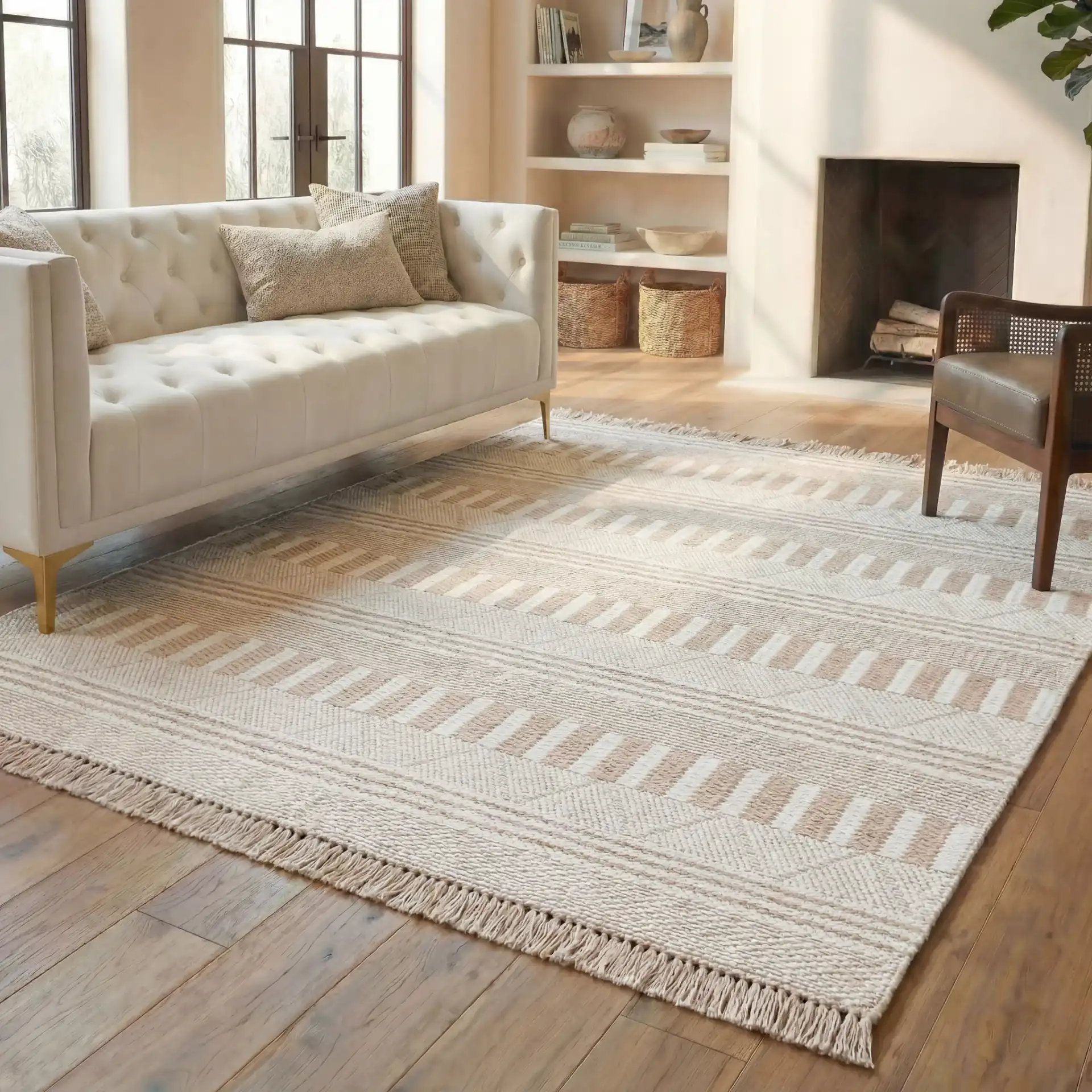 Natura Banded Stripe Hand-Woven Wool Rug in Ivory / Taupe in a styled room