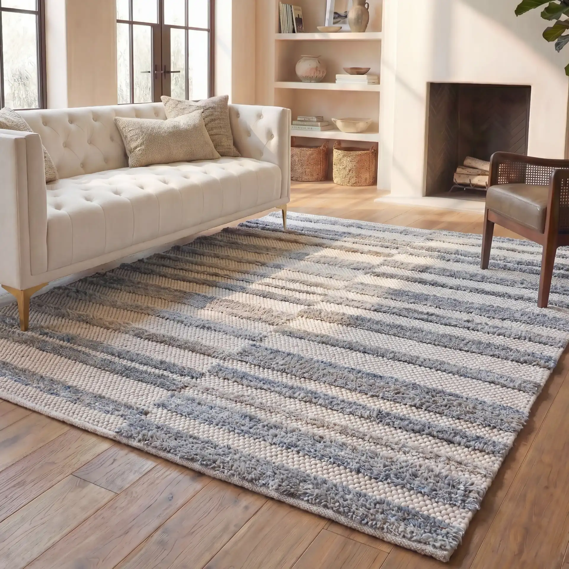Natura Staggered Stripe Hand-Loomed Wool Blend Rug in Blue / Ivory in a styled room