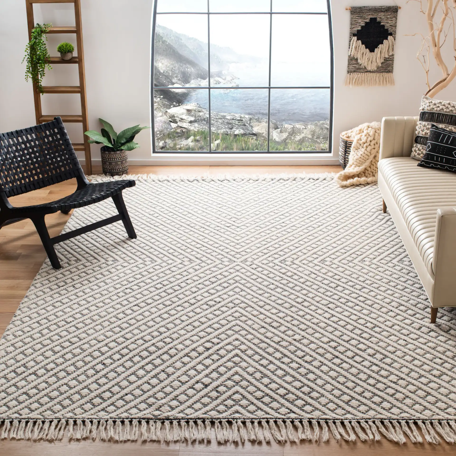 Natura Concentric Chevron Hand-Loomed Wool Rug in Ivory / Black in a styled room
