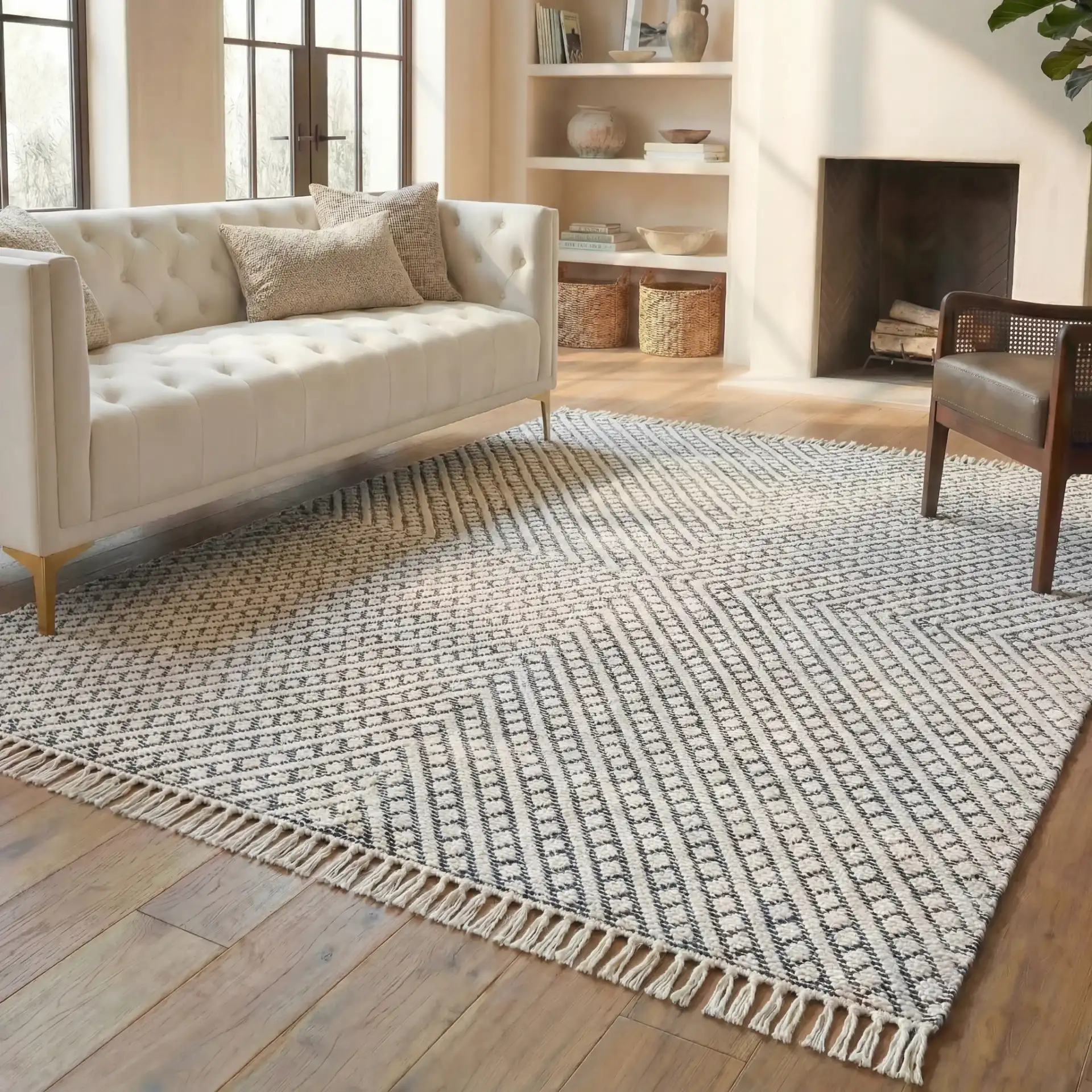 Natura Concentric Chevron Hand-Loomed Wool Rug in Ivory / Black in a styled room
