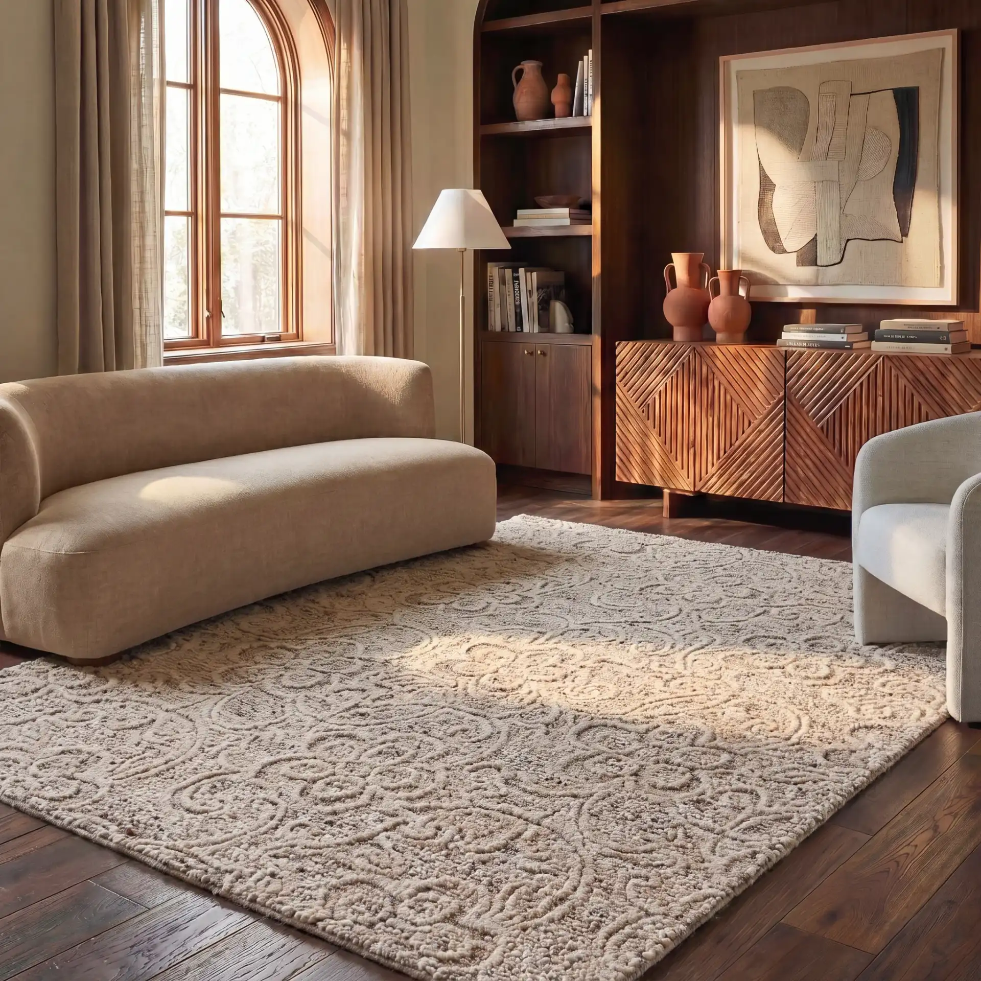 Natura Transitional Floral Hand-Tufted Wool Rug in Beige in a styled room