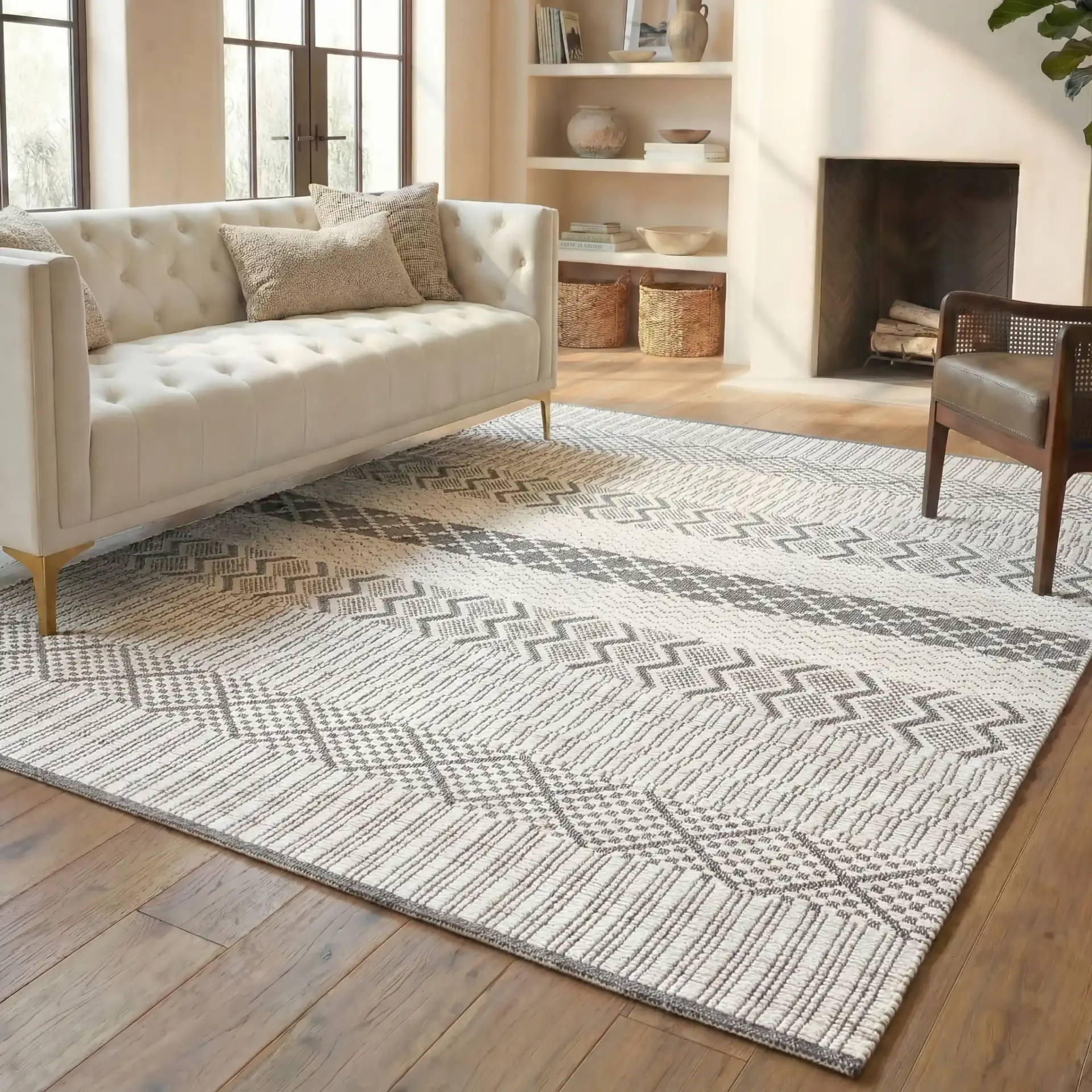 Natura Banded Tribal Geometric Hand-Woven Wool Rug in Ivory / Gray in a styled room