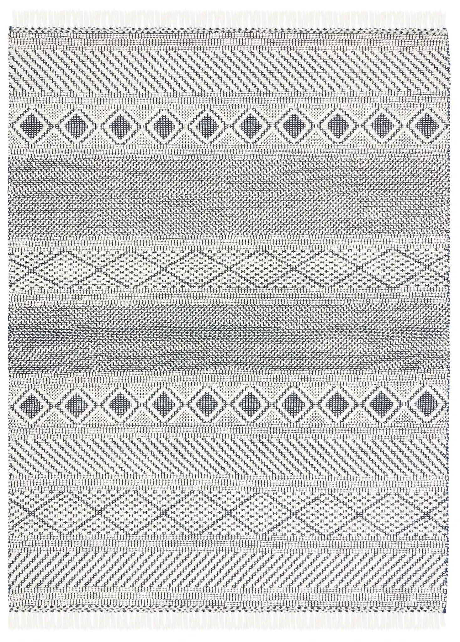 Natura Banded Lozenge Geometric Hand-Woven Wool Rug in Ivory / Navy