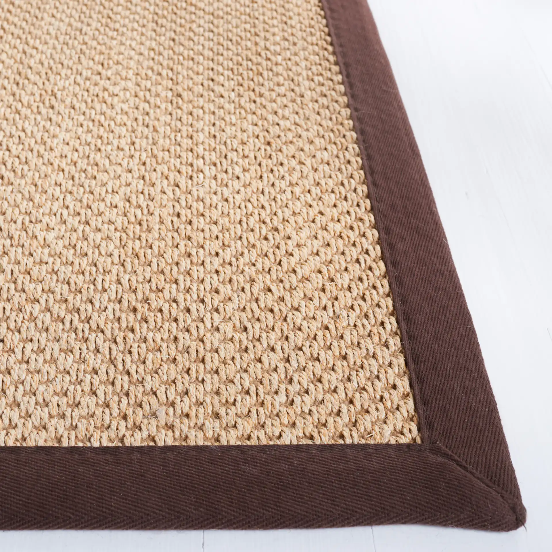 Natural Fiber Trinidad Bordered Sisal Rug in Maize / Brown in a styled room