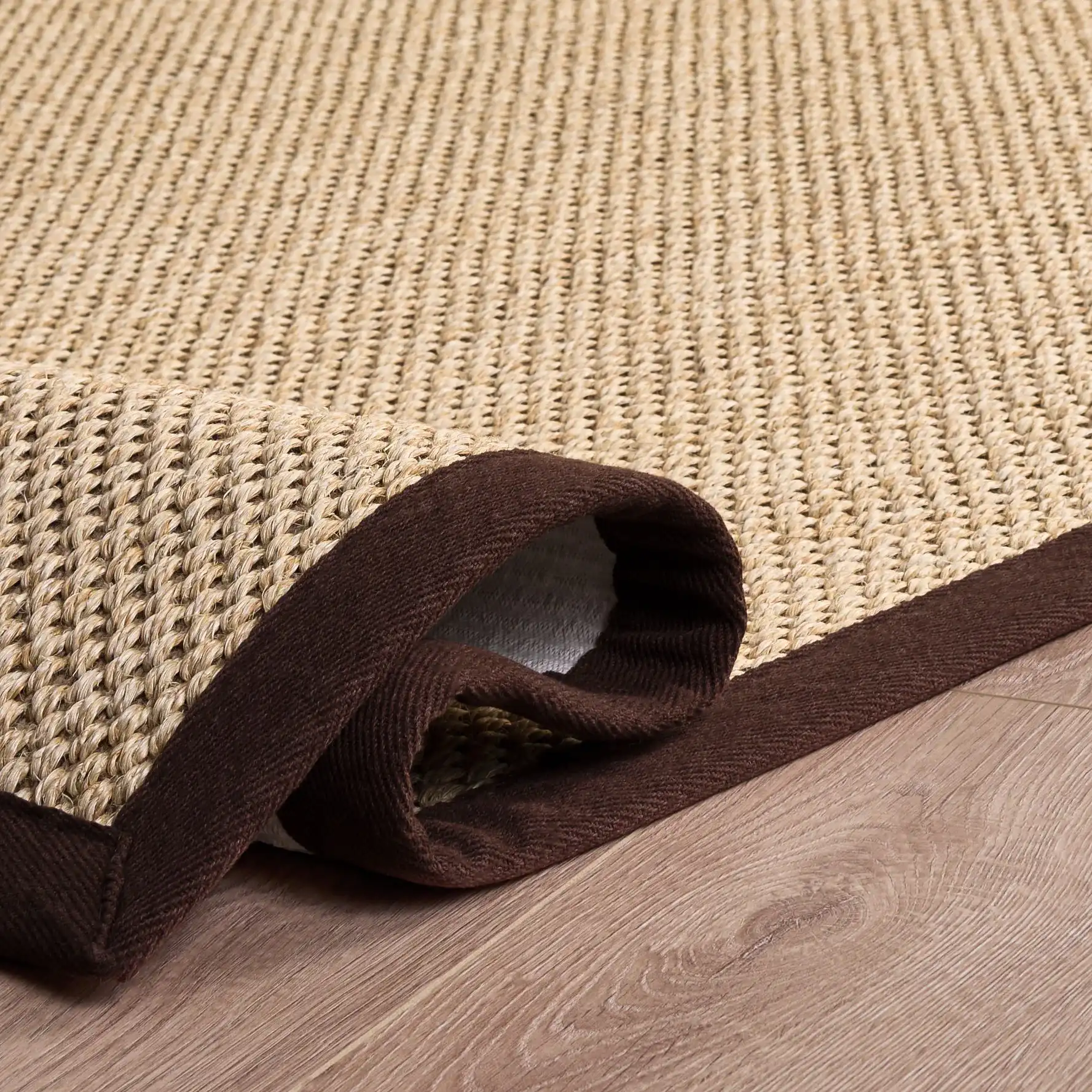 Natural Fiber Trinidad Bordered Sisal Rug in Maize / Brown in a styled room