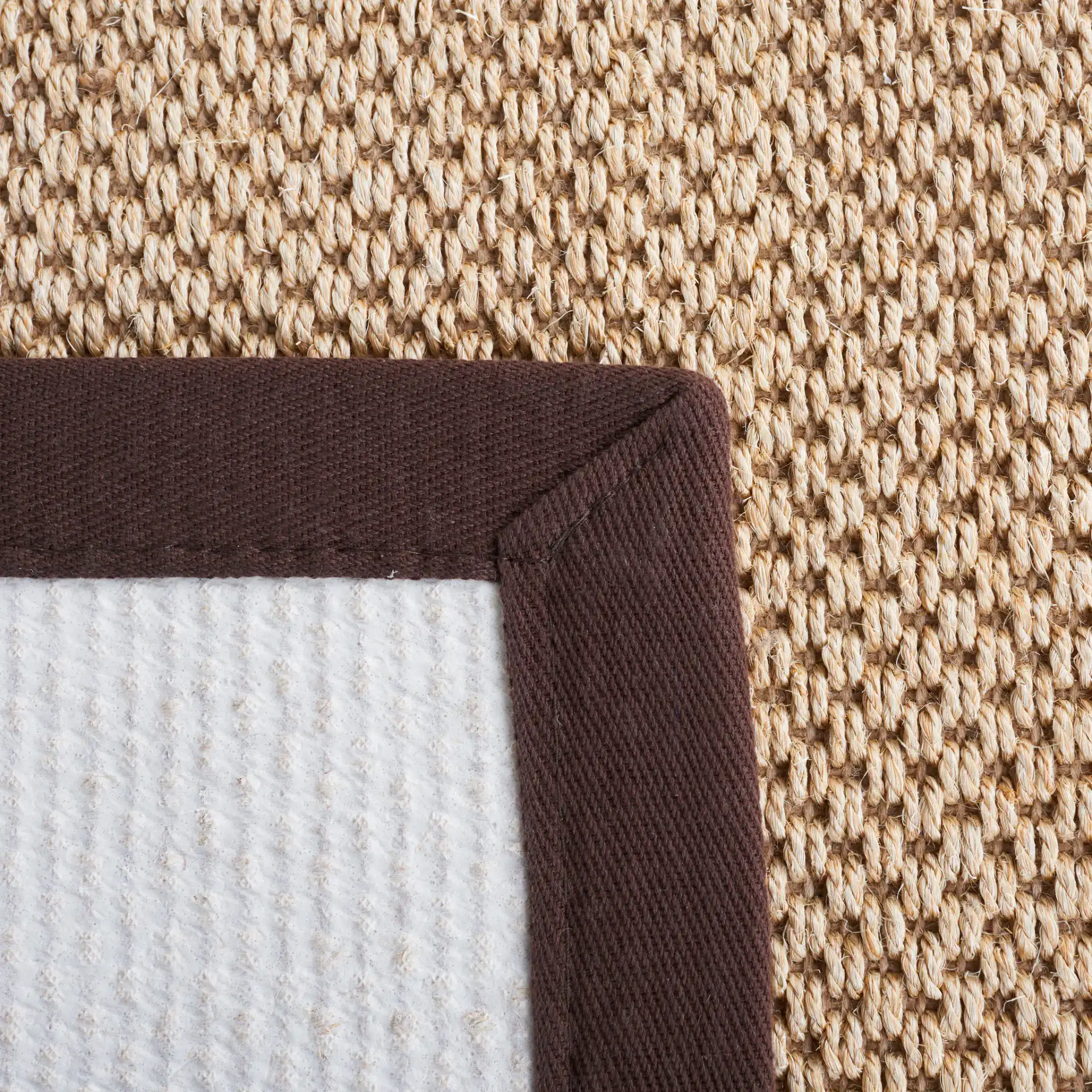 Natural Fiber Trinidad Bordered Sisal Rug in Maize / Brown in a styled room