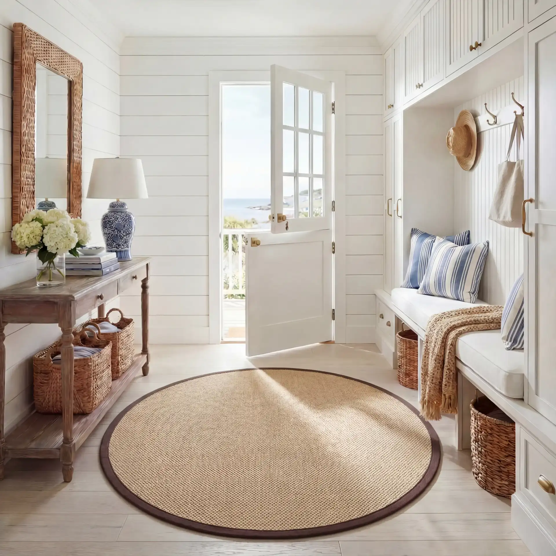 Natural Fiber Trinidad Bordered Sisal Rug in Maize / Brown in a styled room