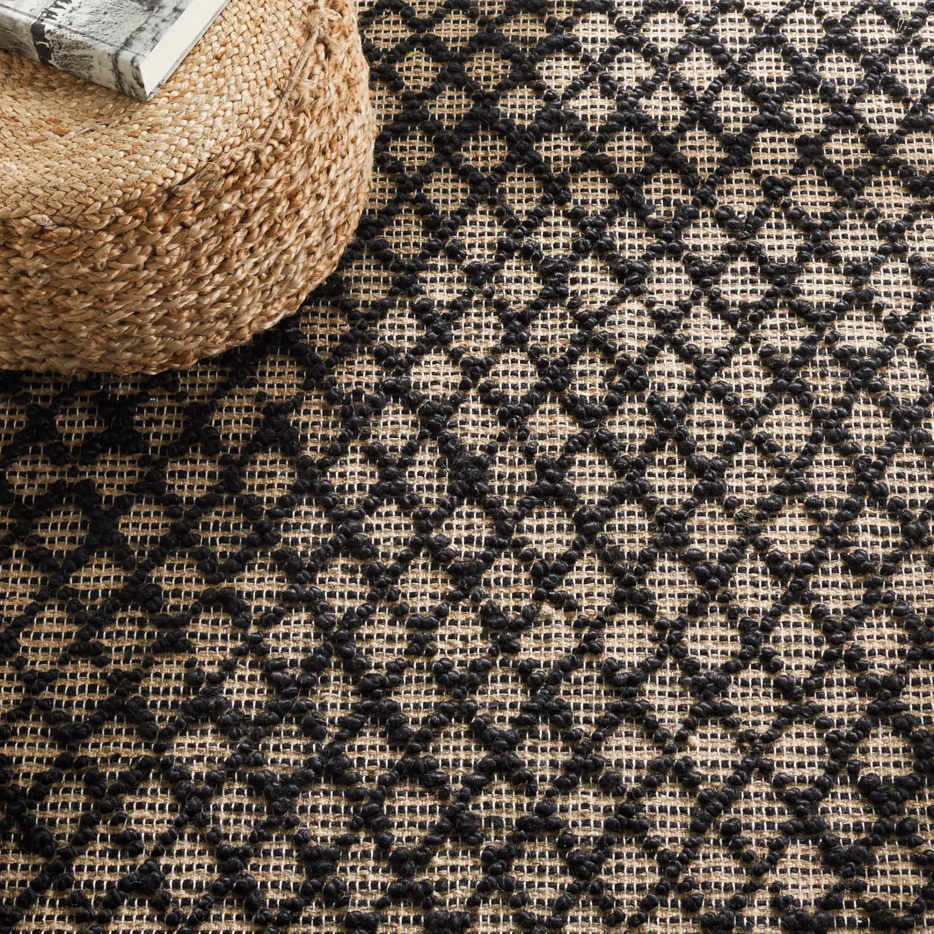 Natural Fiber Diamond Grid Flatweave Jute Rug in Black / Natural in a styled room