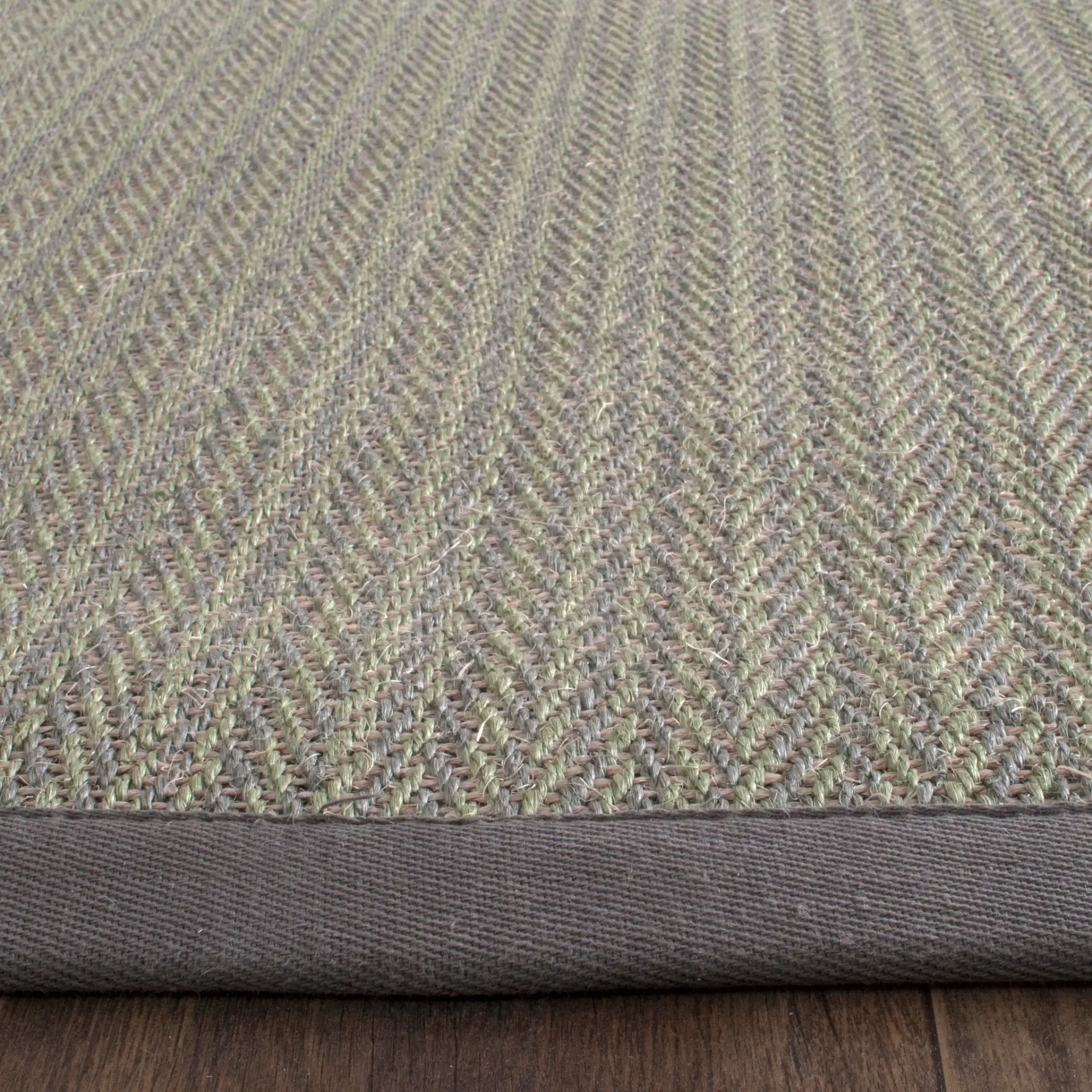 Natural Fiber Solid Bordered Rug in Gray Brown / Gray in a styled room