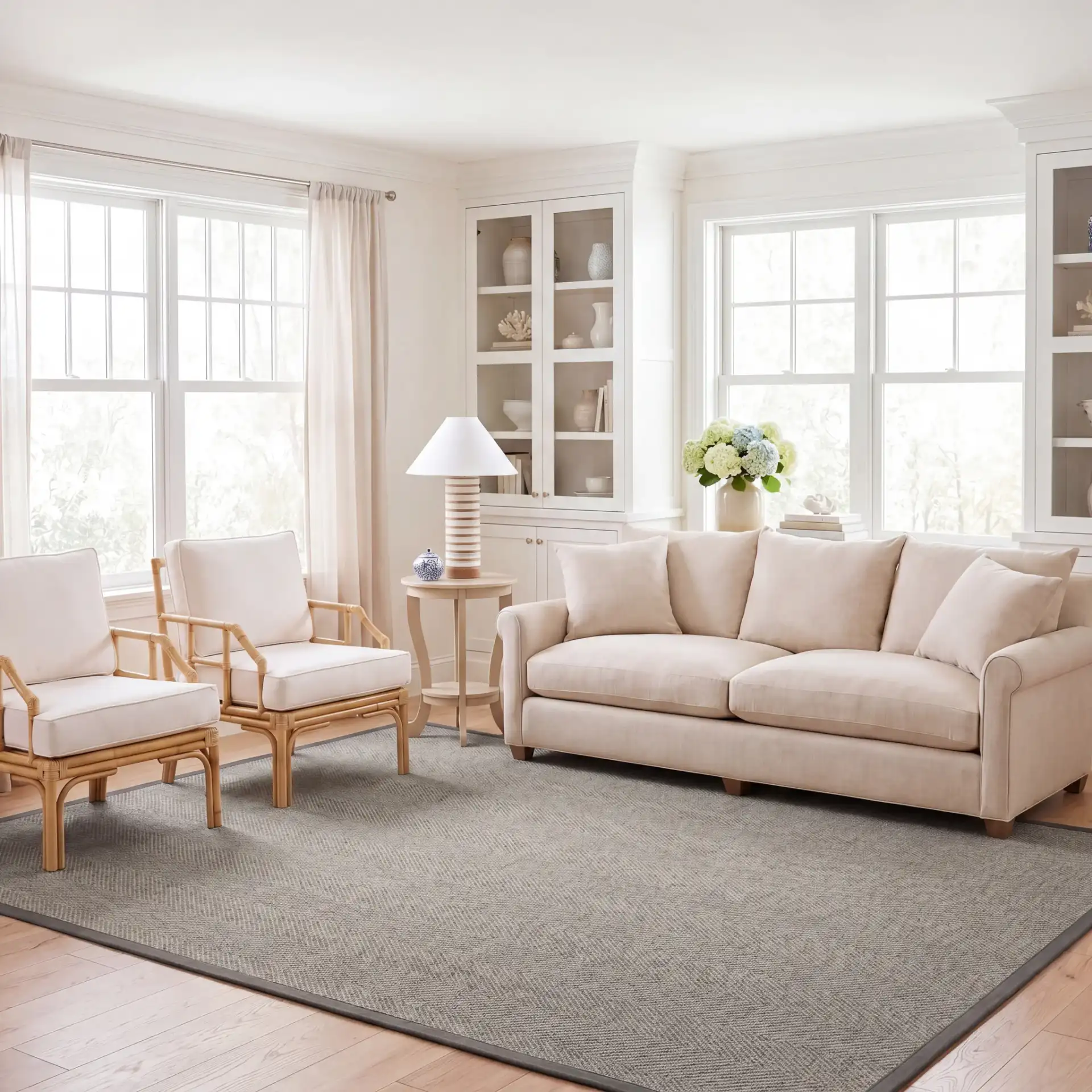 Natural Fiber Solid Bordered Rug in Gray Brown / Gray in a styled room
