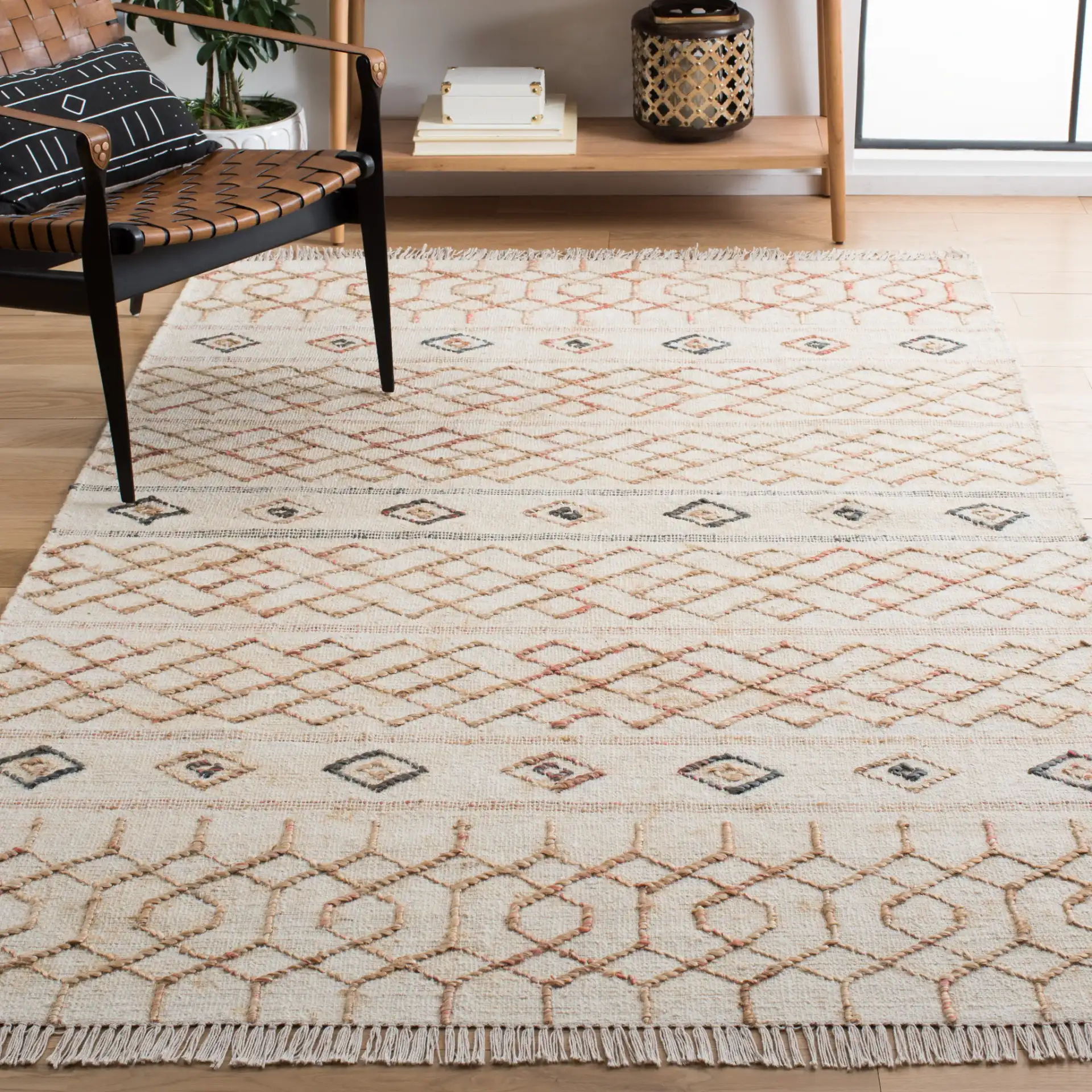 Natural Fiber Diamond Banded Hand-Loomed Jute Rug in Natural / Ivory in a styled room