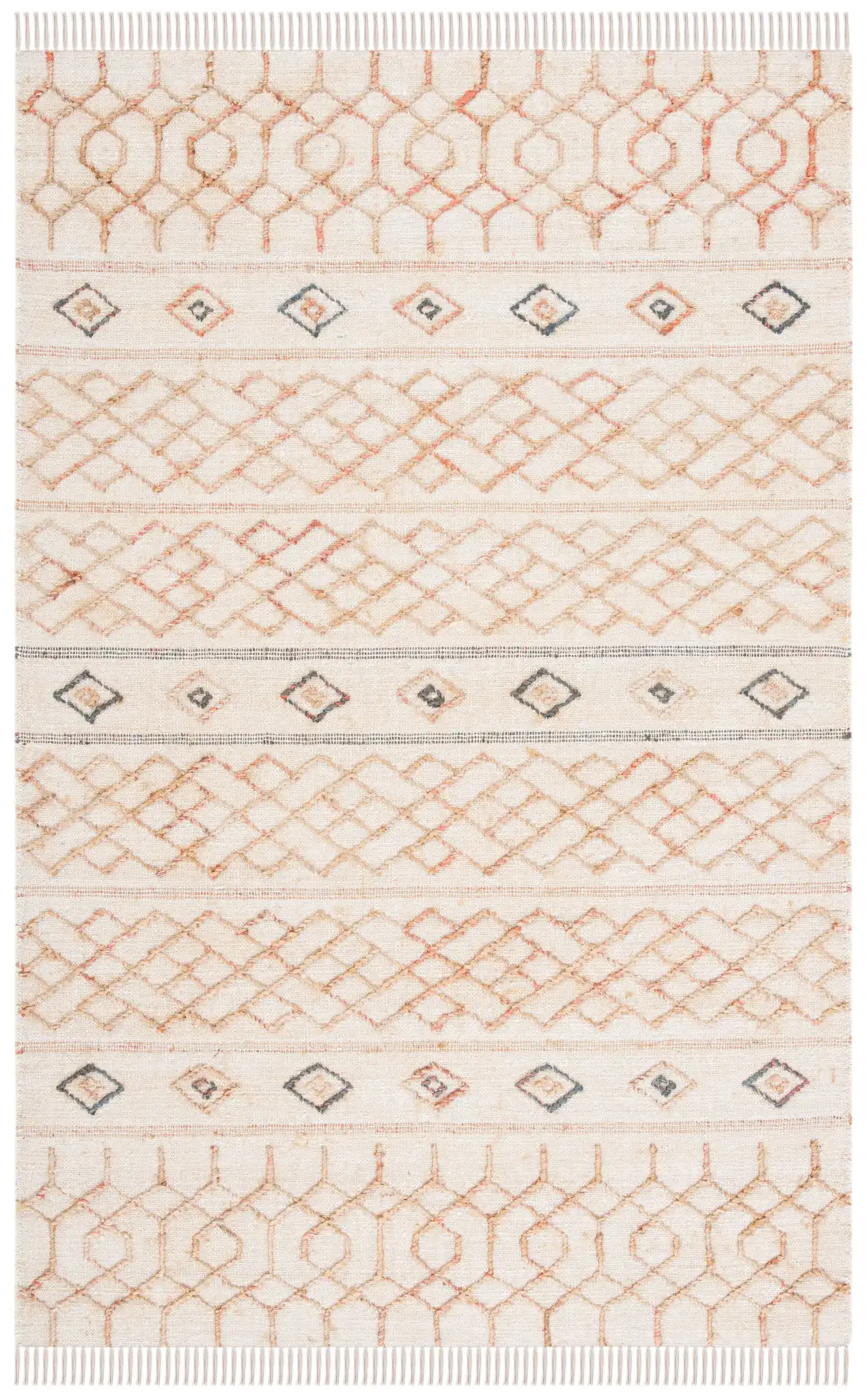 Natural Fiber Diamond Banded Hand-Loomed Jute Rug in Natural / Ivory