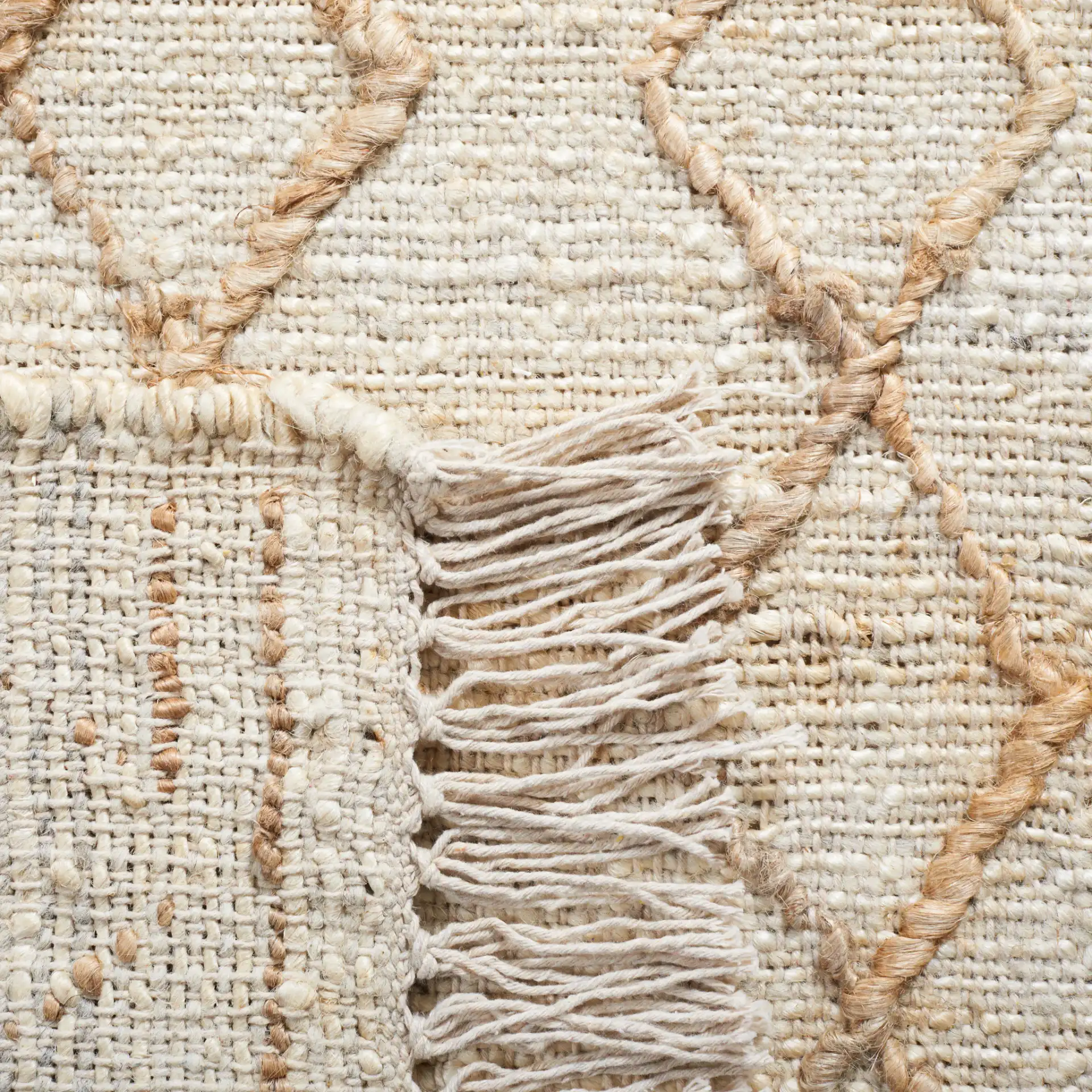 Natural Fiber Geometric Banded Hand-Loomed Jute Rug in Natural / Beige in a styled room