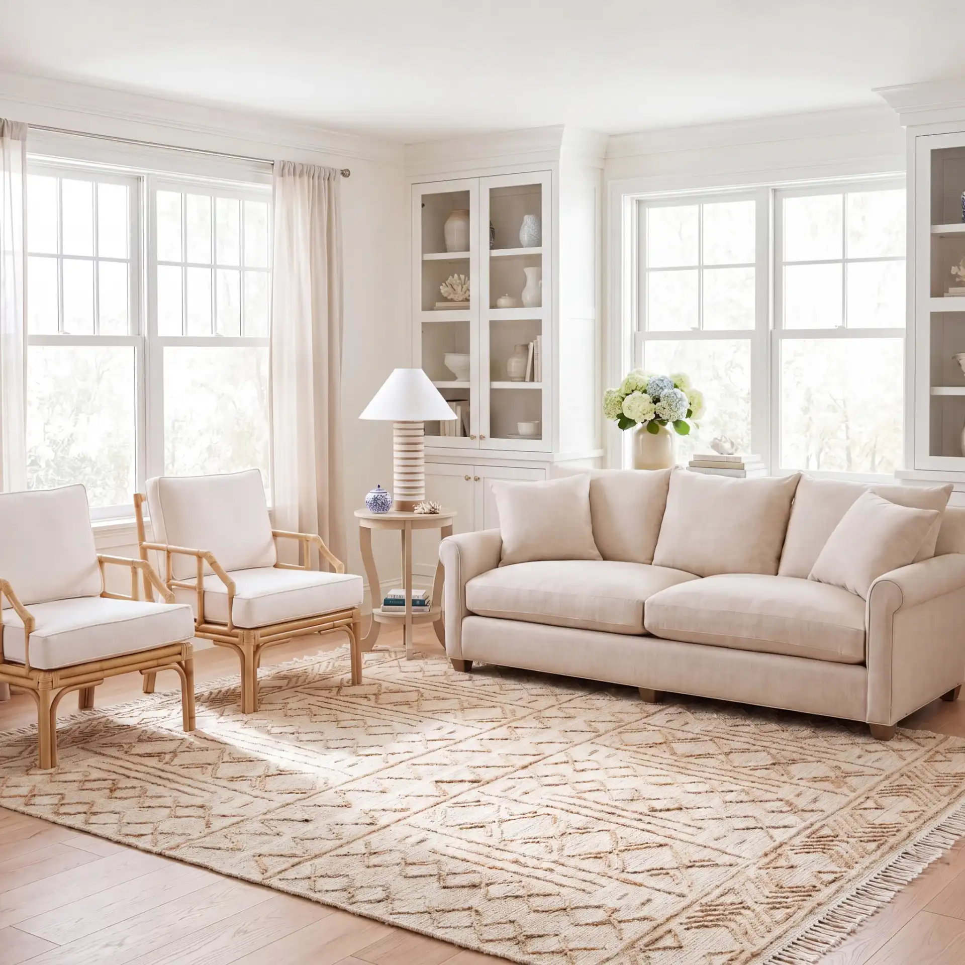 Natural Fiber Geometric Banded Hand-Loomed Jute Rug in Natural / Beige in a styled room