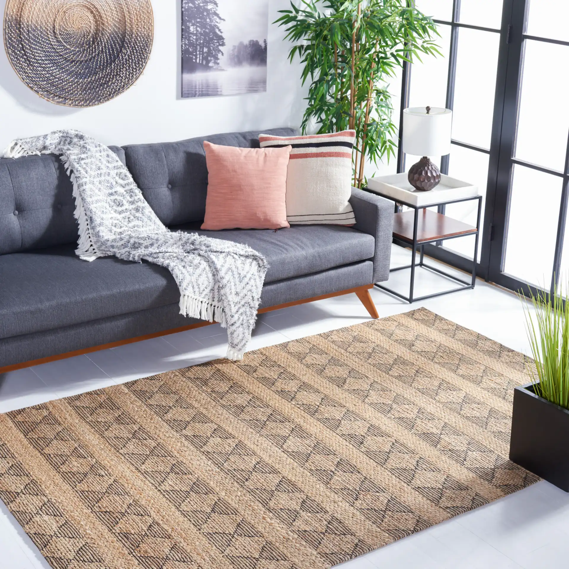 Natural Fiber Banded Diamond Hand-Tufted Rug in Natural / Black in a styled room
